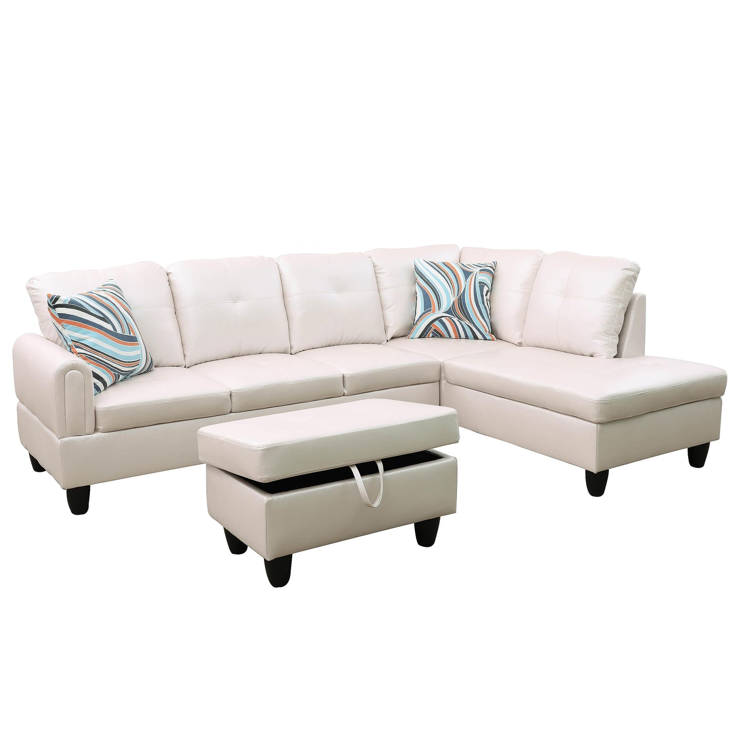 NicBex Couches for Living Room L Shaped Couch Upholstered Futon Sofa Comfy Faux Leather Modular Sofa 3-Piece Sofa Set with Storage Ottoman for Apartments, Living Room and Office, Peaerl White