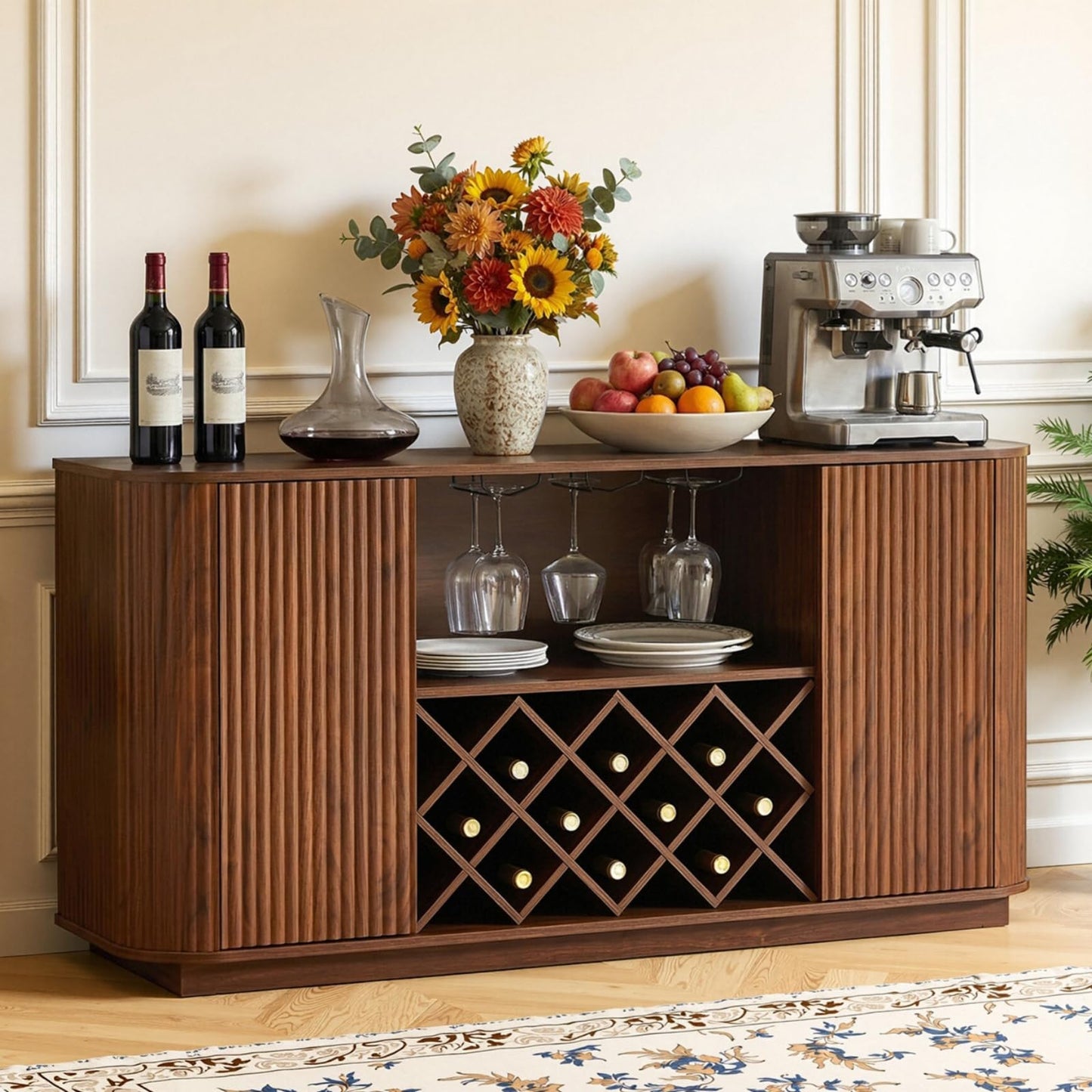Rovibek Fluted Wine Bar Cabinet with Storage, 58" Buffet Sideboard Cabinet Sideboard with Wine Rack & Glass Holder, Farmhouse Wine and Coffee Bar Cabinet for Living Room, Kitchen, Walnut