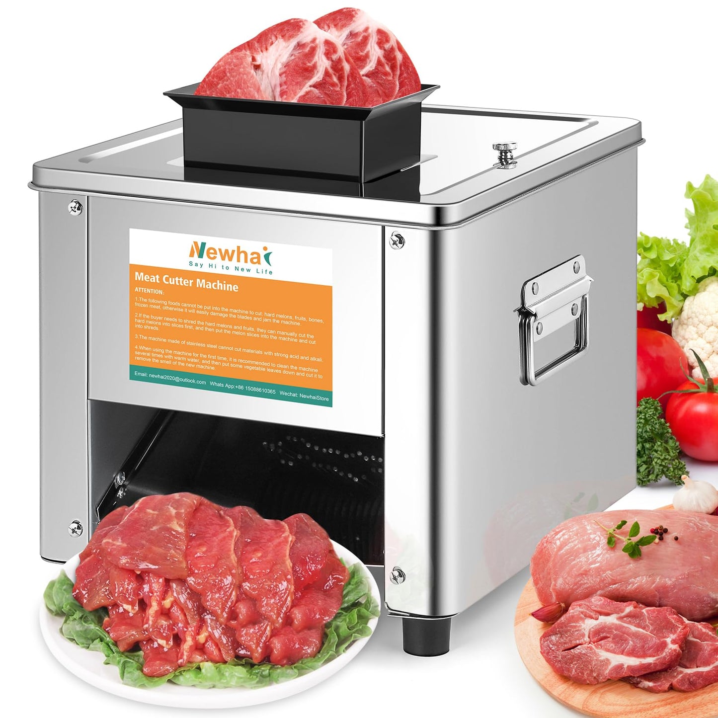 Newhai 850W Meat Cutter Cutting Machine 15mm Electric Meat Slicer Shredded Machine Stainless Steel 330lb/h for Boneless Pork Chicken Fish for Family Commercial Use (Meat thickness: 15mm/0.6inch)