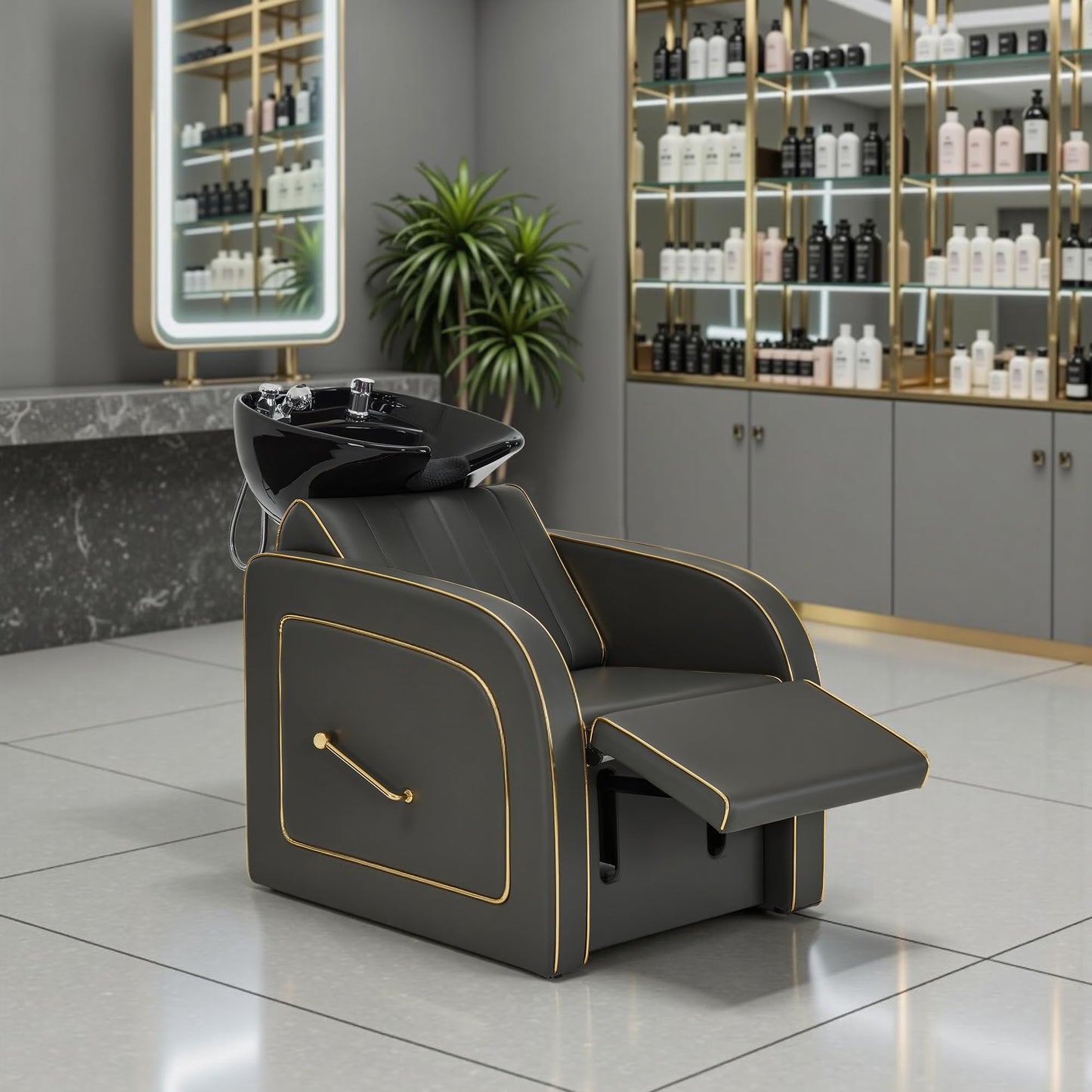 BarberPub Backwash Shampoo Chair and Bowl Set, Adjustable Porcelain Ceramic Wash Bowl Sink Unit, Luxurious Shampoo Station Chair for Spa Beauty Salon Hair Salon 9175 (Luxurious, Grey)