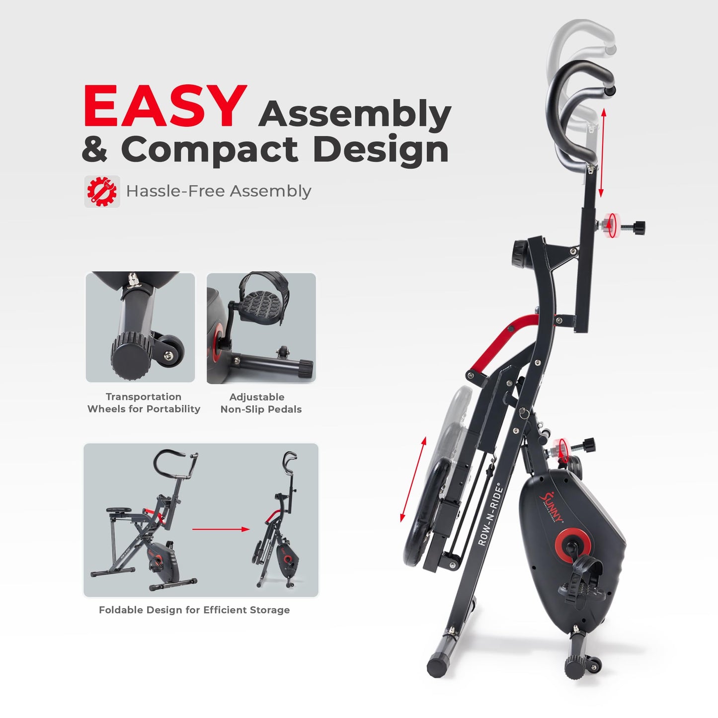 Sunny Health & Fitness Upright Bike + Row-N-Ride Dual Function Home Rower Squat Machine & Stationary Cycling Full Body Combo Cardio Ab Machine for Stomach Workout Fitness Machine - SF-A022077