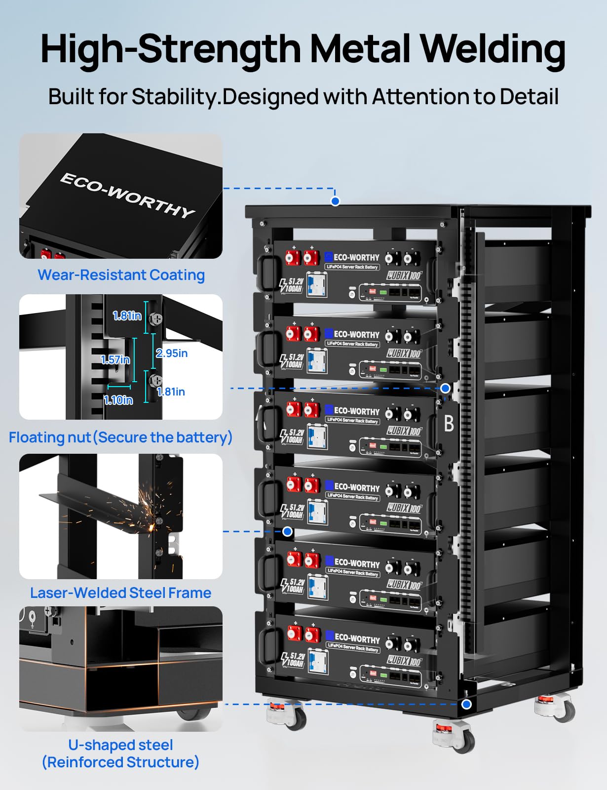 ECO-WORTHY RACK6 V2.1, 6-Layer Server Rack with 600A Busbar, Compatible with Mainstream Brands' Sever Rack Battery