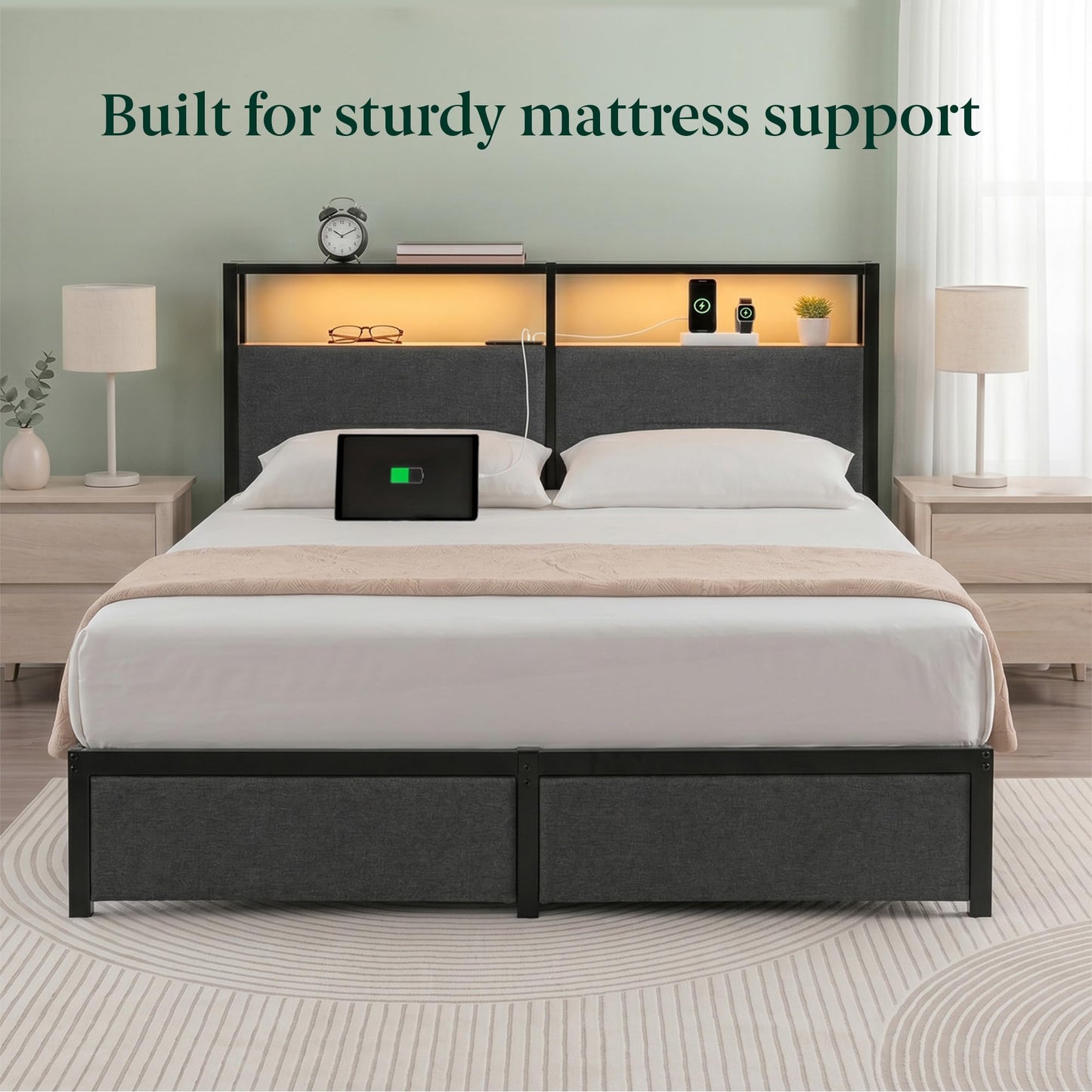 Zinus Michael Upholstered Platform Bed Frame, Space-Saving Two-Tier Headboard Storage and Four Underbed Drawers, Mood Setting RGB LED Lights, Built-in USB Charging Station, Ambient Night Light, Queen