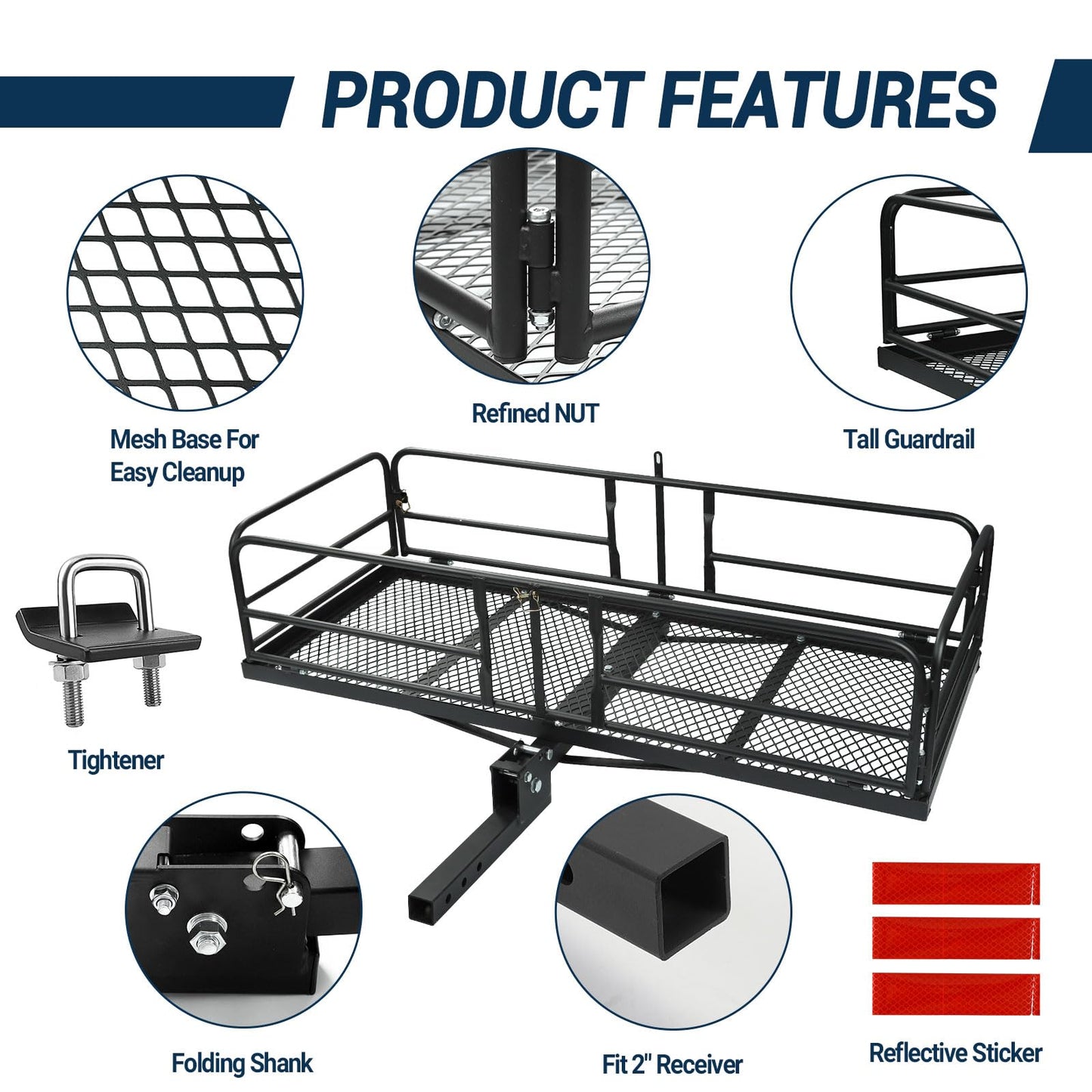 Season Guard Hitch Cargo Carrier with 14" High Side Rails, 60"x24"x14" Folding Steel Basket Rack, Heavy Duty Luggage Platform Fits 2" Receiver for SUV, RV, Trailer, Pickup Truck, 500lbs Capacity