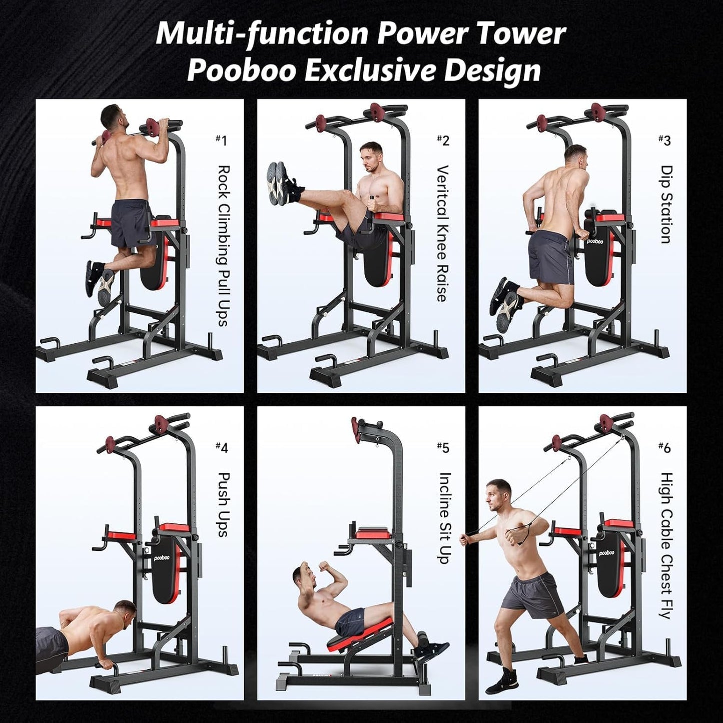 Power Tower Dip Station Pull Up Bar for Fitness Home Gym Workout,Multi-Function Adjustable Height Fitness Strength Training Exercise Equipment,with Power Elastic Ropes