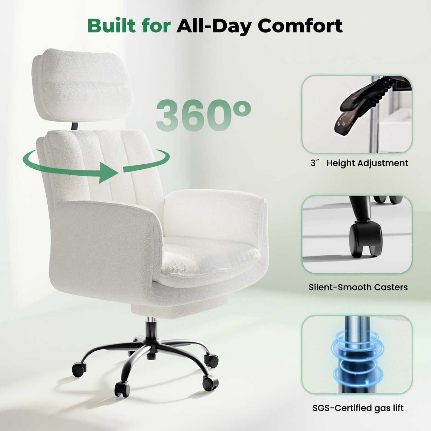 HOMRELEXA Criss Cross Office Chair with Armrests & Wheels, Comfy Velvet Vanity Chair, Ergonomic Executive Gaming Computer Chairs with Foot Rest, Wide Seat Reclining Desk Chair, White