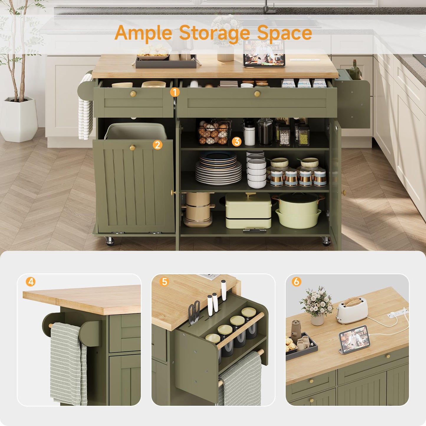ComfyCorner 60" Rolling Large Kitchen Island on Wheels with Extendable Table, Drop Leaf & Power Outlet, Mobile Kitchen Cart with Storage Cabinet, 2 Drawers, Spice Rack, Towel & Knife Holder, Green