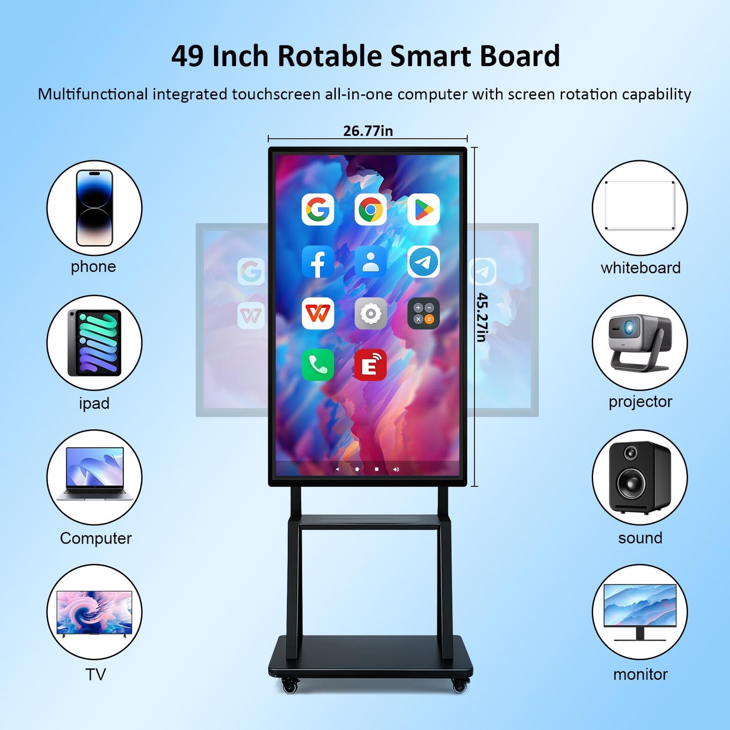 49" Smart Board, Portable Touch Screen TV, RK3588 Octa-Core Whiteboard, Android iOS 12, 10-Point IR Touchscreen, Two-Way Control, Reverse Live Streaming for Classroom Office Home (Wall Mount Include)
