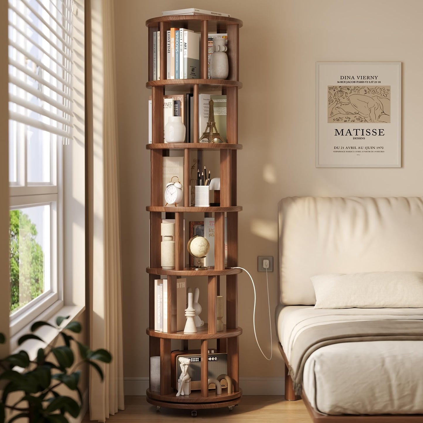 Muwuele 6 Tier Rotating Bookshelf Tower, Solid Wood Bookshelf on Wheels, Circular Book Shelf Rotating, Revolving Bookcase for Small Spaces, Corner Book Case, Spinning Book Shelf for Bedroom, Walnut