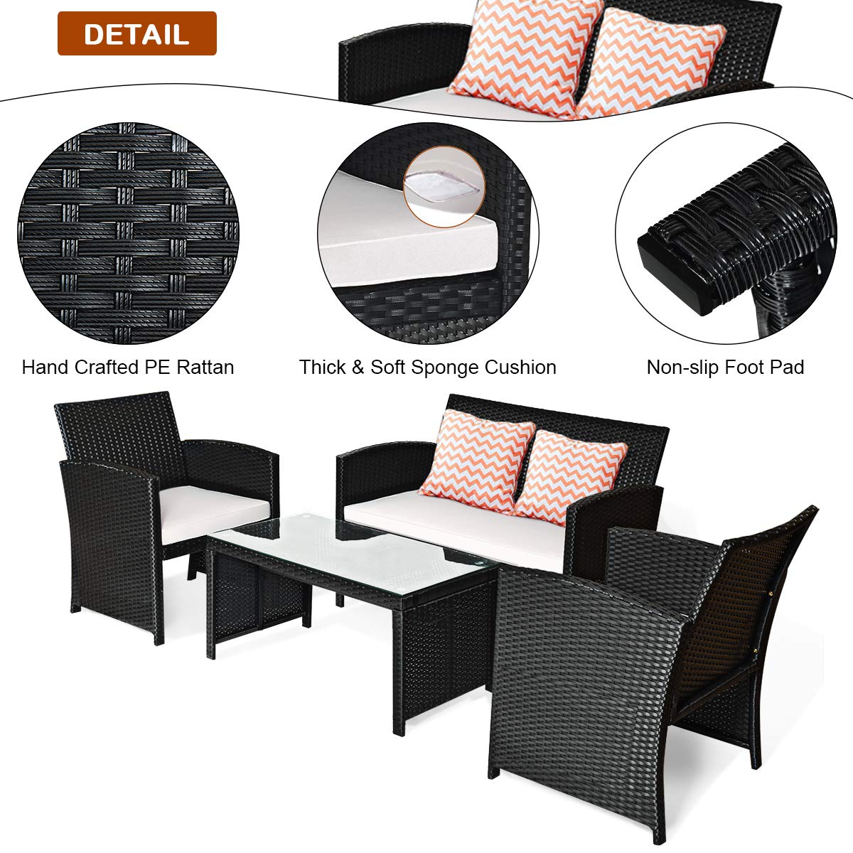 Tangkula Patio Wicker Conversation Furniture Set, Patiojoy Sofa & Table Set w/4 Seats, Outdoor Rattan Sofa Set for Balcony Backyard, Wicker Chair Set with Tempered Glass Coffee Table (1, White)