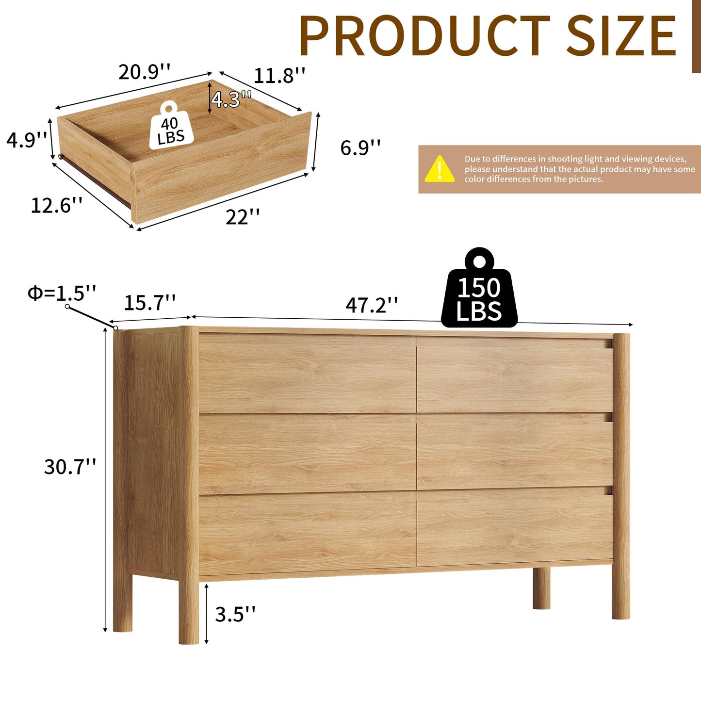CHUWELL Dresser for Bedroom, 47" Wide Mid Century Modern Chest of Drawers with 6 Large Storage Space and 4 Solid Wood Cylindrical Legs, 6 Drawer Large Dresser for Bedroom(Oak)
