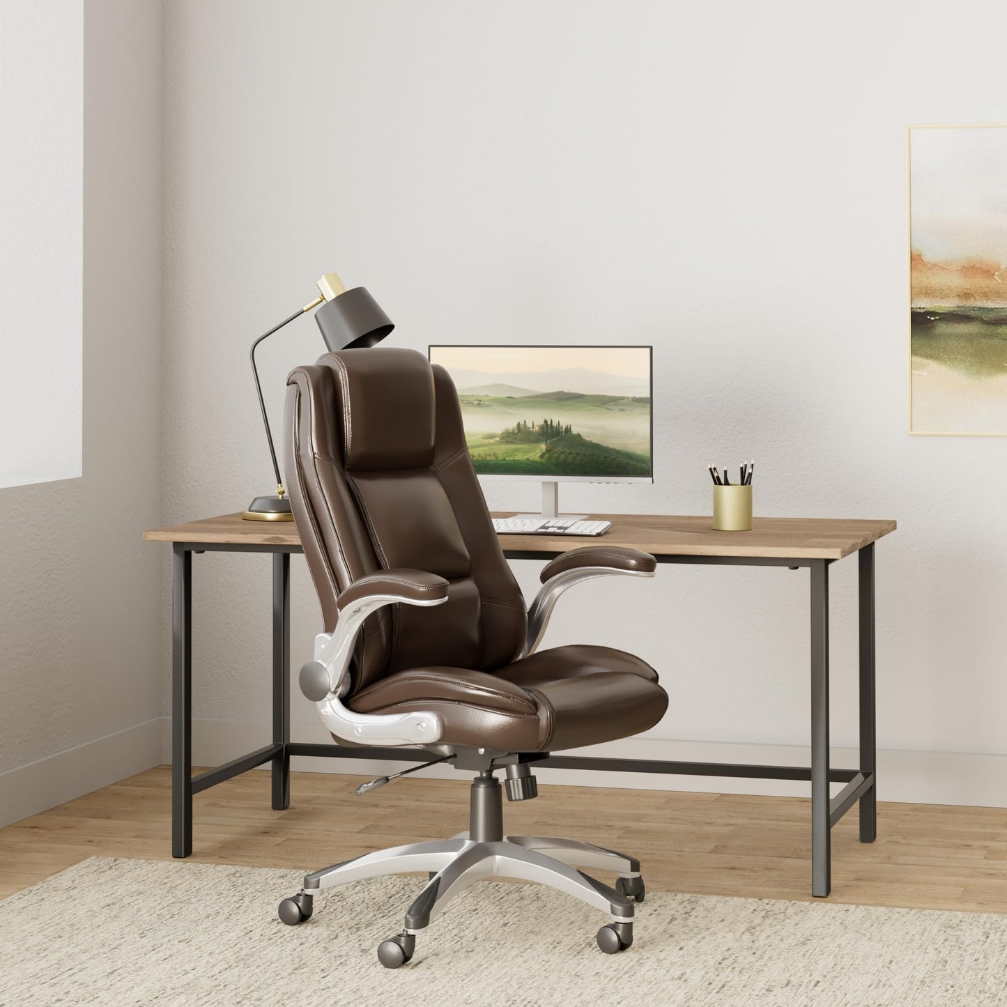 COLAMY Office Chair High Back Leather Executive Computer Desk Chair, Flip-up Arms and Adjustable Swivel Chair Thick Padding for Comfort and Ergonomic Design for Lumbar Support (Classic Black)