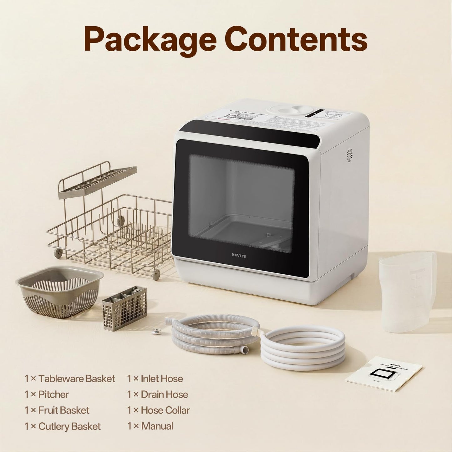 NOVETE Portable Countertop Dishwashers, Compact Dishwashers with 5L Built-in Water Tank & Inlet Hose, 5 Washing Programs, Baby Care, Air-Dry Function and LED Light for Small Apartments