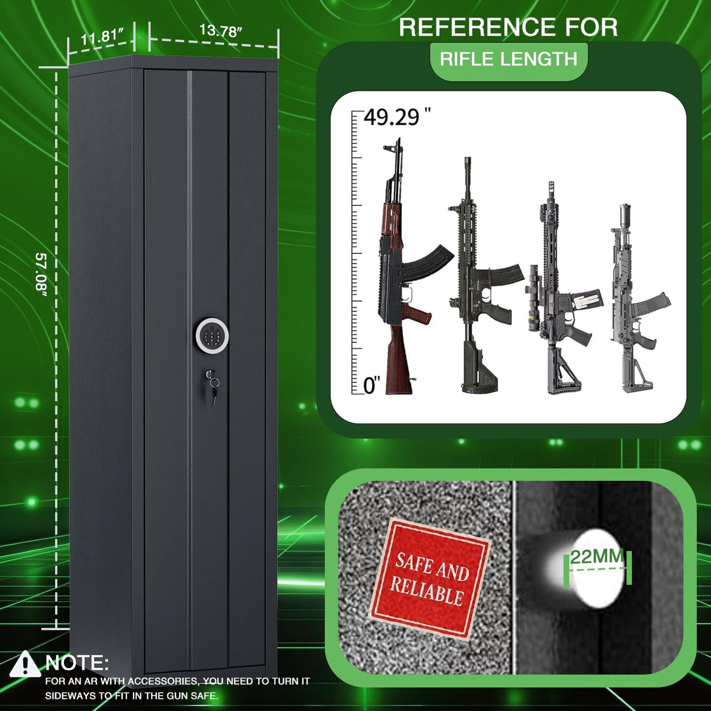 [No Assembly Required] 8-12 Gun Safe for Rifles and Pistols，Rifle Safe with Digital Keypad Lock,Gun Cabinet for Home with Adjustable Racks & Pistol Storage，Heavy Duty Long Gun Safe,57" H