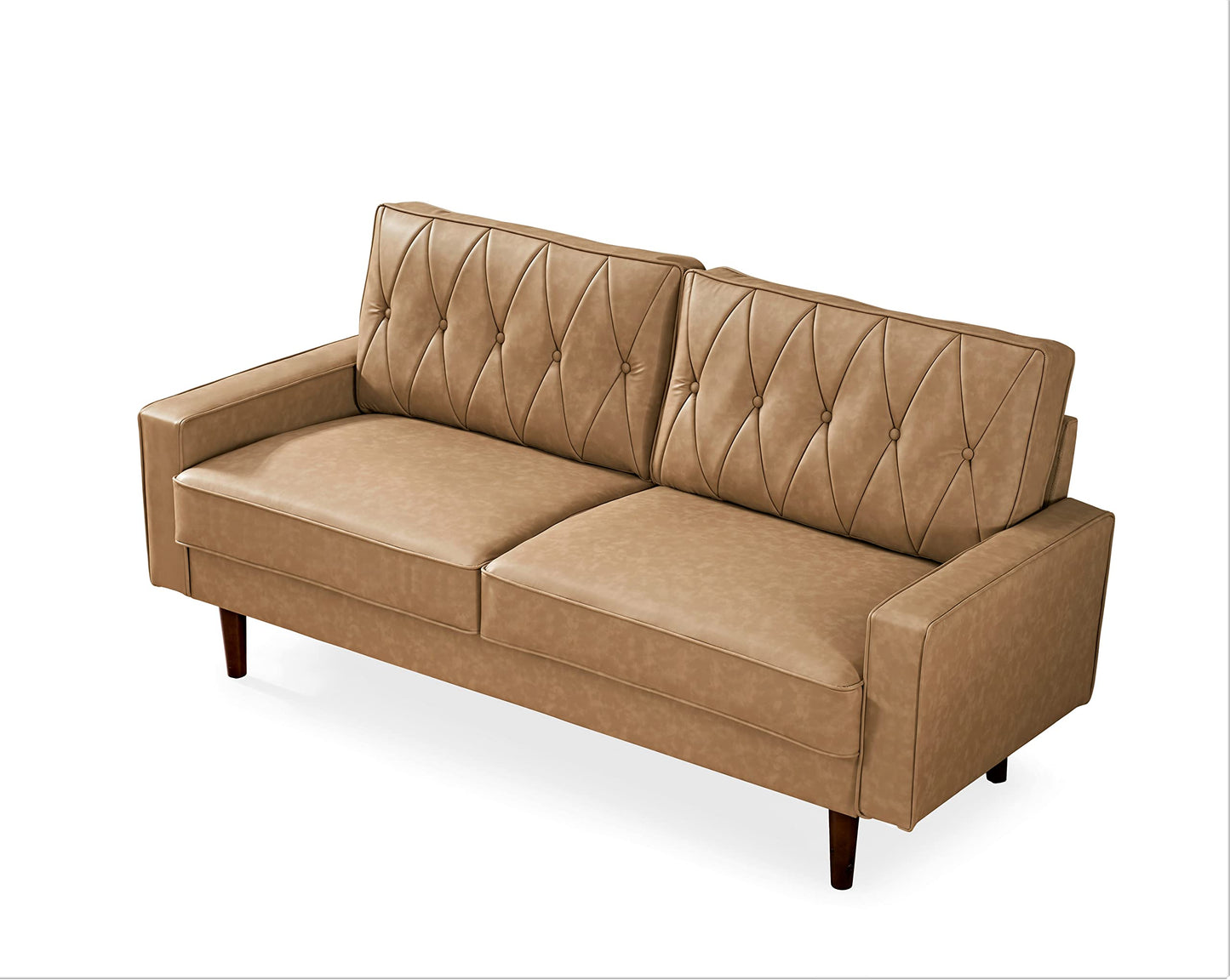 Container Furniture Modern Style Faux Leather Sofa with Elegant Round Tapered Legs and Button Tufted Backrest Perfect for Living Room, Bedroom or Home Office, 69.3’’ Wide, Camel