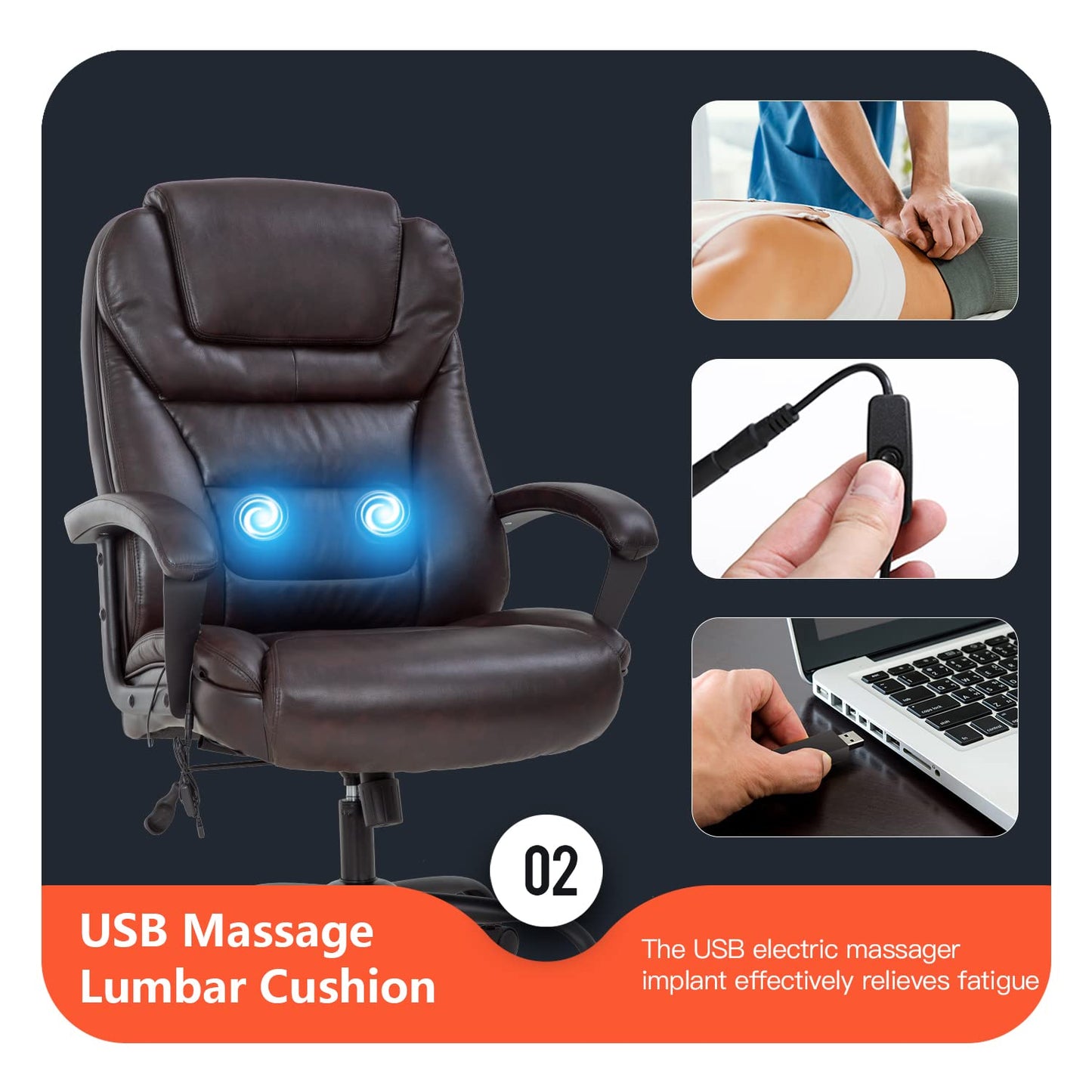 Office Chair Big and Tall 500lbs Ergonomic Computer Chair High Back PU Leather Wide Seat Desk Chair with Lumbar Support Arms Executive Task Chair for Hone Office,Brown