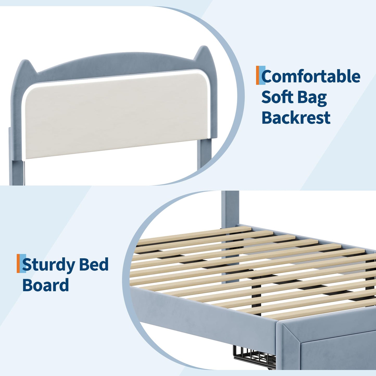 Garvee Full Size Bed Frame with Storage Drawer and Cat Headboard, Platform Bed Frame with RGB LED Lights, Strong Wood Slats Support, Noise Free, No Box Spring Needed, Easy Assembly, Blue and White