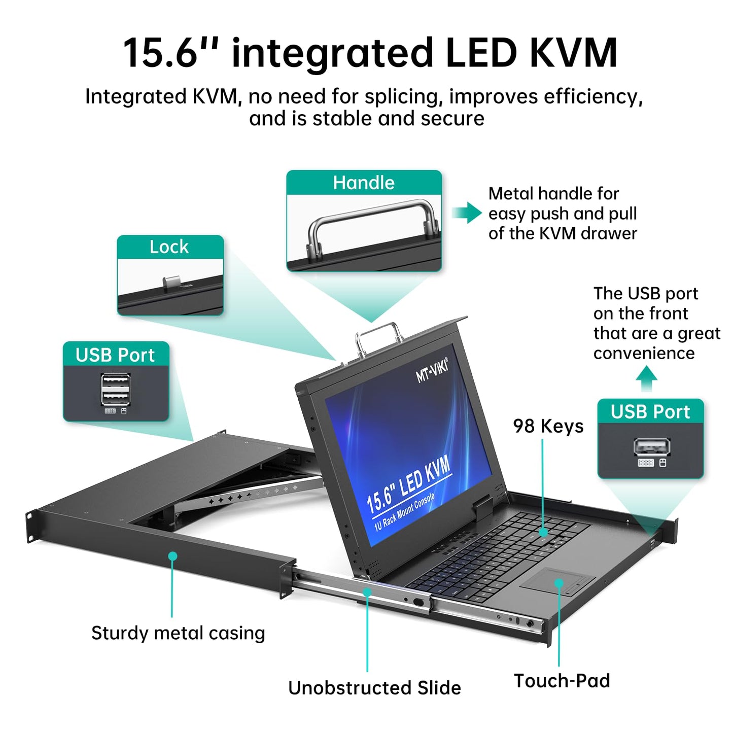MT-VIKI Rack Mount KVM Console w/15.6" LCD Monitor, 8 Port HDMI KVM Switch, 1920x1080@60Hz 1U Integrated Monitor Keyboard, Fits 18.9" to 31.5" Deep Racks (480-800mm), Included 8 Cables