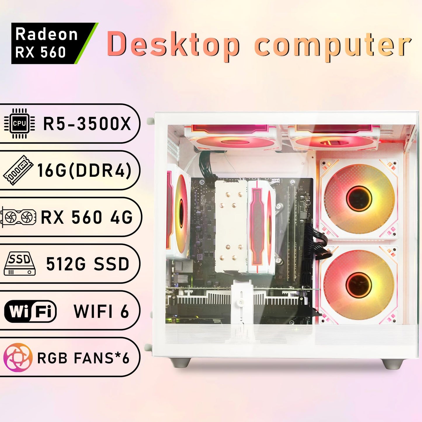 suevery Pre Built Gaming PC | M.2 NVMe 512G SSD | Radeon 4G Graphics Card | DDR4 16G RAM | AMD Ryzen5 6Cores 3.6G Up to 4.1G | Wi-Fi6 White Tower Gamer Desk top Computer