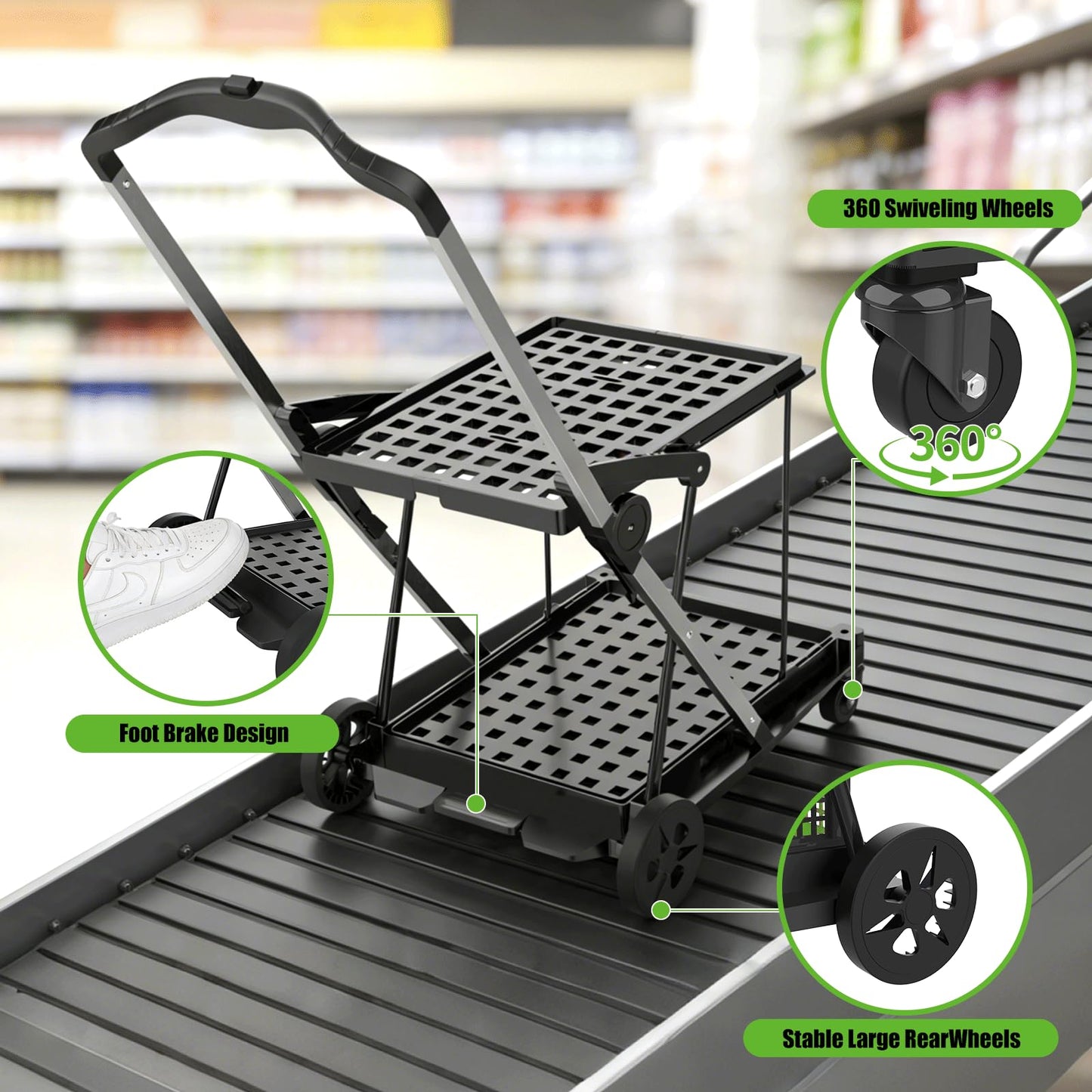Collapsible Shopping Cart with Wheels,2 Tier Multi Use Foldable Shopping Cart with 2 Storage Crates,Folding Shopping Trolley Utility Cart for Office,Groceries, Warehouse,Supermarket,Picnic (Green)