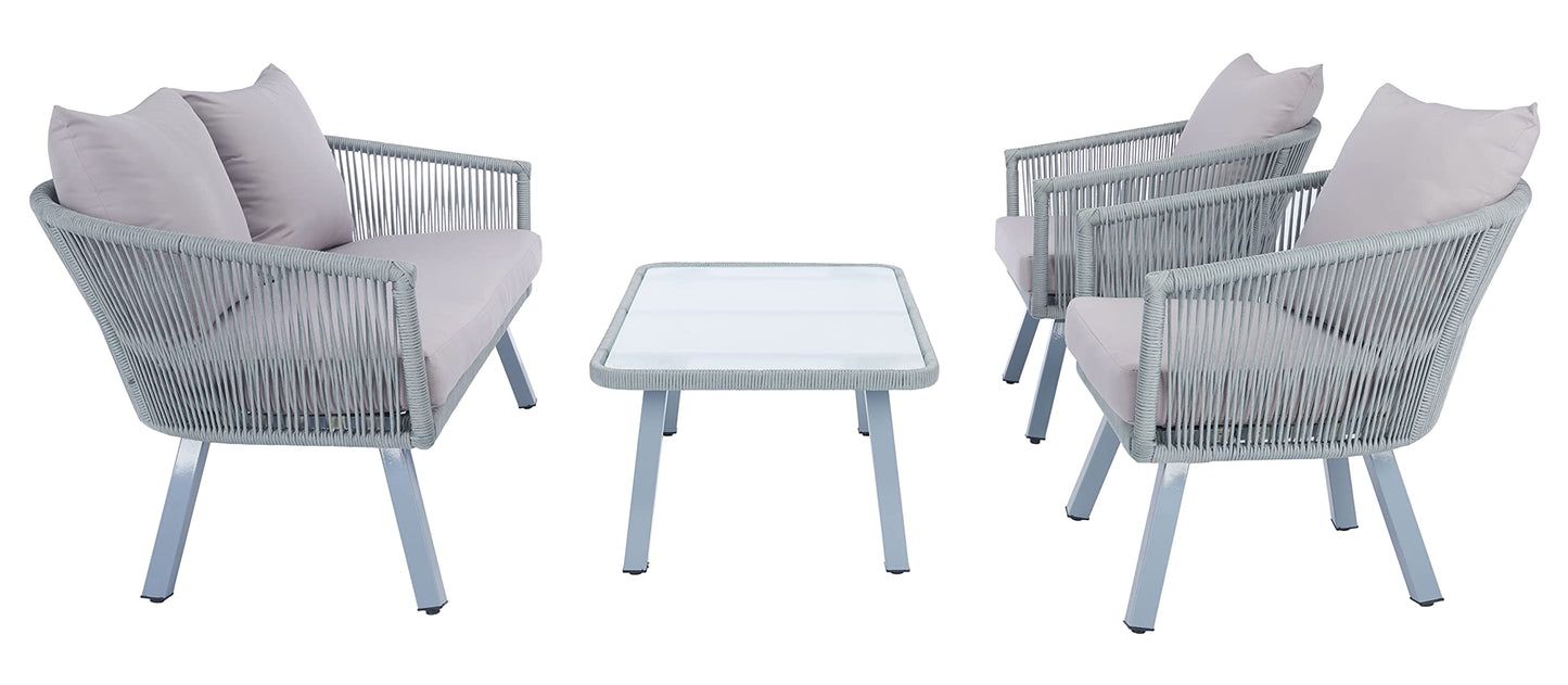 Safavieh Outdoor Collection Belmi Wicker Cushion 4-Piece Rope Patio Backyard Living Set PAT7517C, Grey/Grey