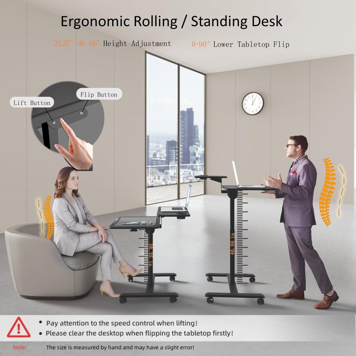 TecbL Pneumatic Standing Desk with Wheels - Adjustable Height 28" - 46" & 0-90° Tilt, 31.5" x 17.7" Skin-Feel Desktop, Rolling Computer Desk for Home Office, Hospital, School (Black)