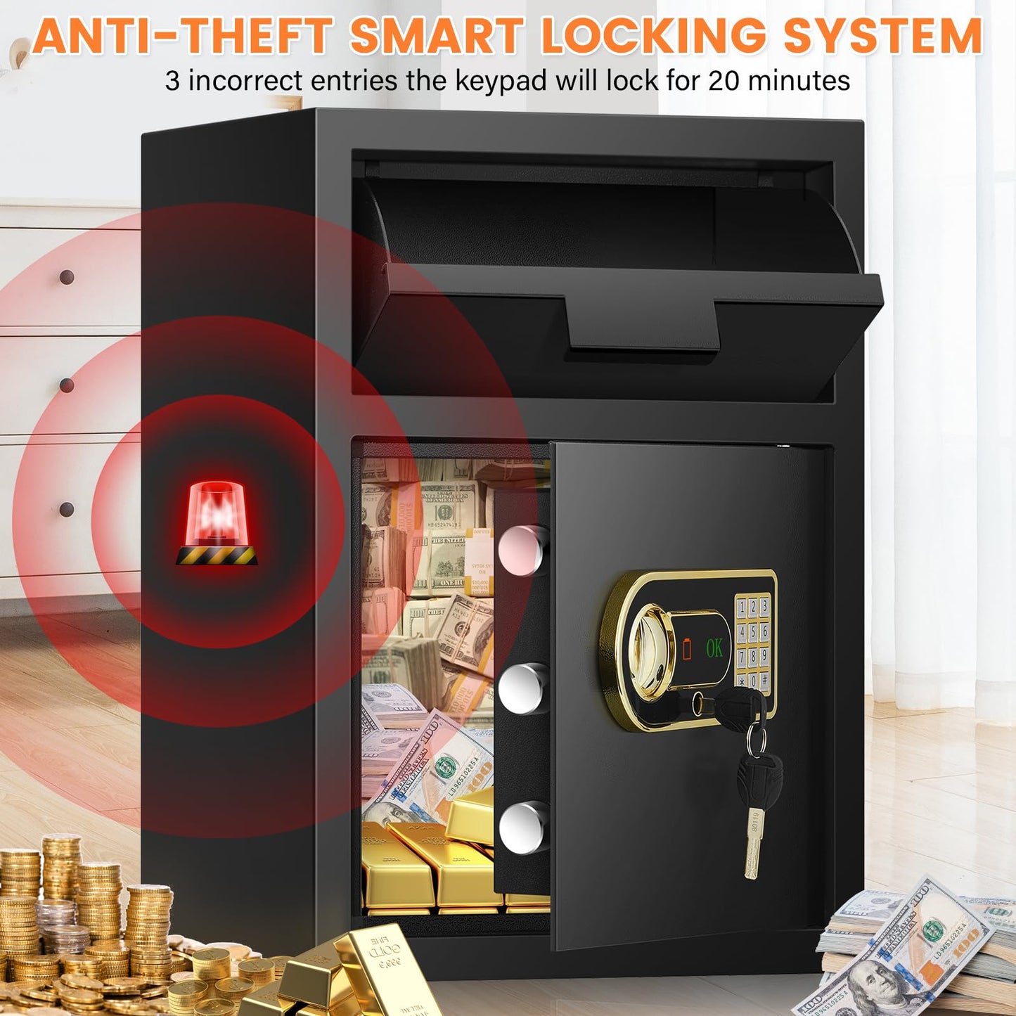 2.8 Cubic Drop Safe for Business, Anti-Theft Drop Slot Safes for Money with Digital Combination Lock & Spare Keys, Cash Depository Safe with Drop Box for Home Retail Store Business