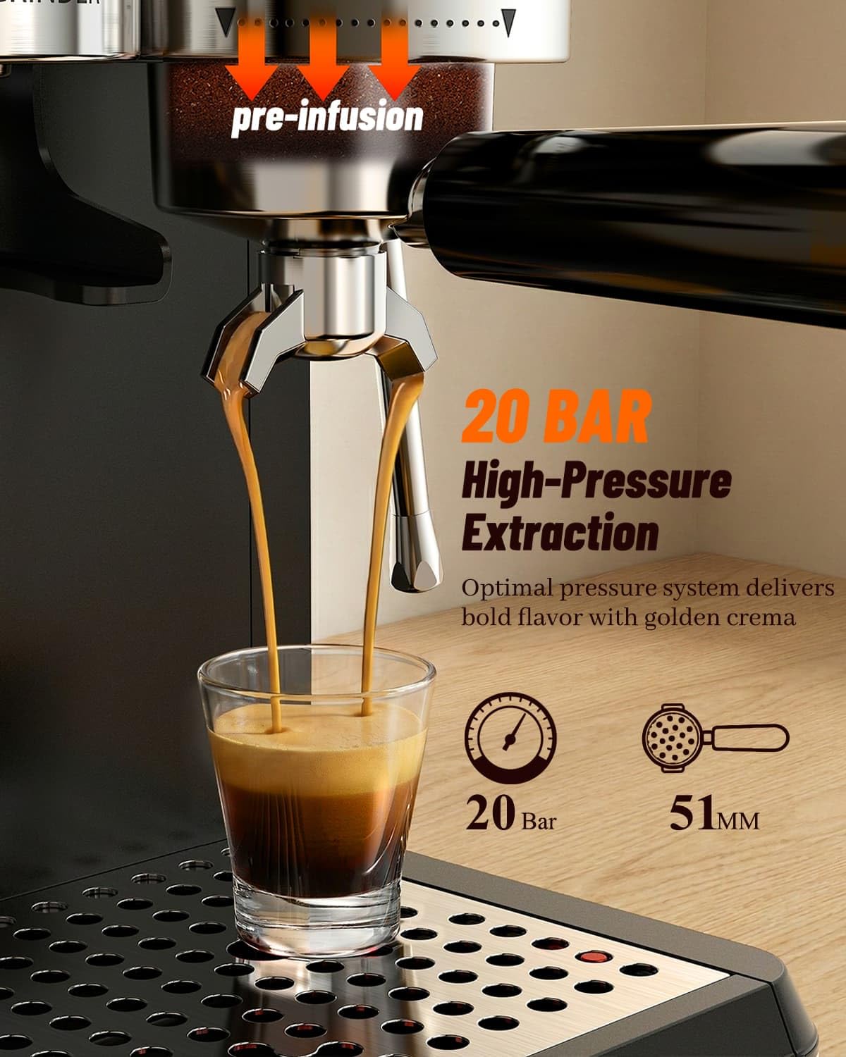 Hausmojo Espresso Machine with Grinder & Milk Frother, 20 Bar