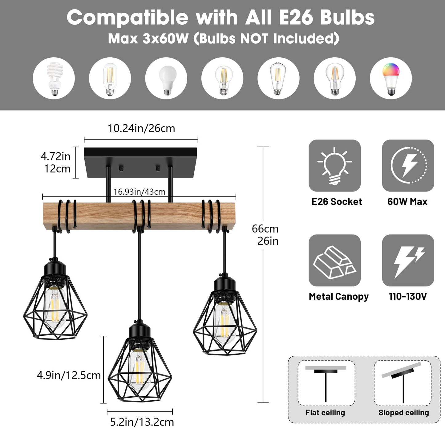 Feanron Pendant Light Fixture, 3-Lights Rustic Wood & Metal, Black Ceiling Lamp for Dining Room, Model ZSLDD-3L