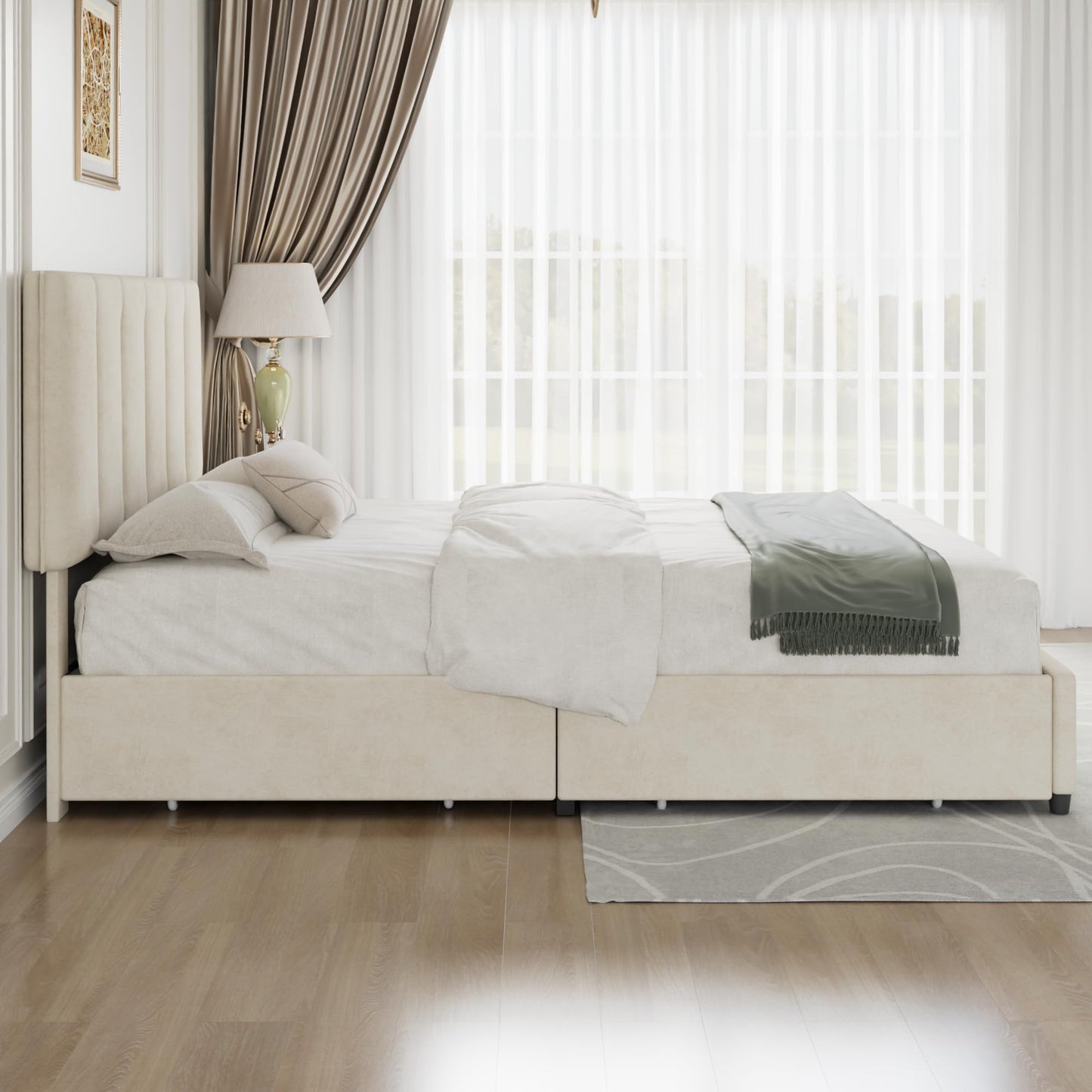 VECELO Queen Size Bed Frame with 4 Storage Drawers, Adjustable Height Headboard, Heavy-Duty Platform Bedframe with Strong Wooden Slats, No Box Spring Needed, Pale Beige