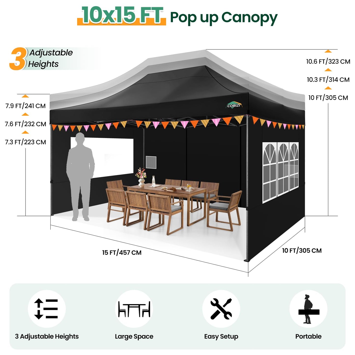 COBIZI 10x15 FT Heavy Duty Pop up Canopy with 4 Removable Sidewalls, Easy up Gazebo High Stability, All Weather Sunshade 100% Waterproof Outdoor Canopy Tents with Carry Bag, Black