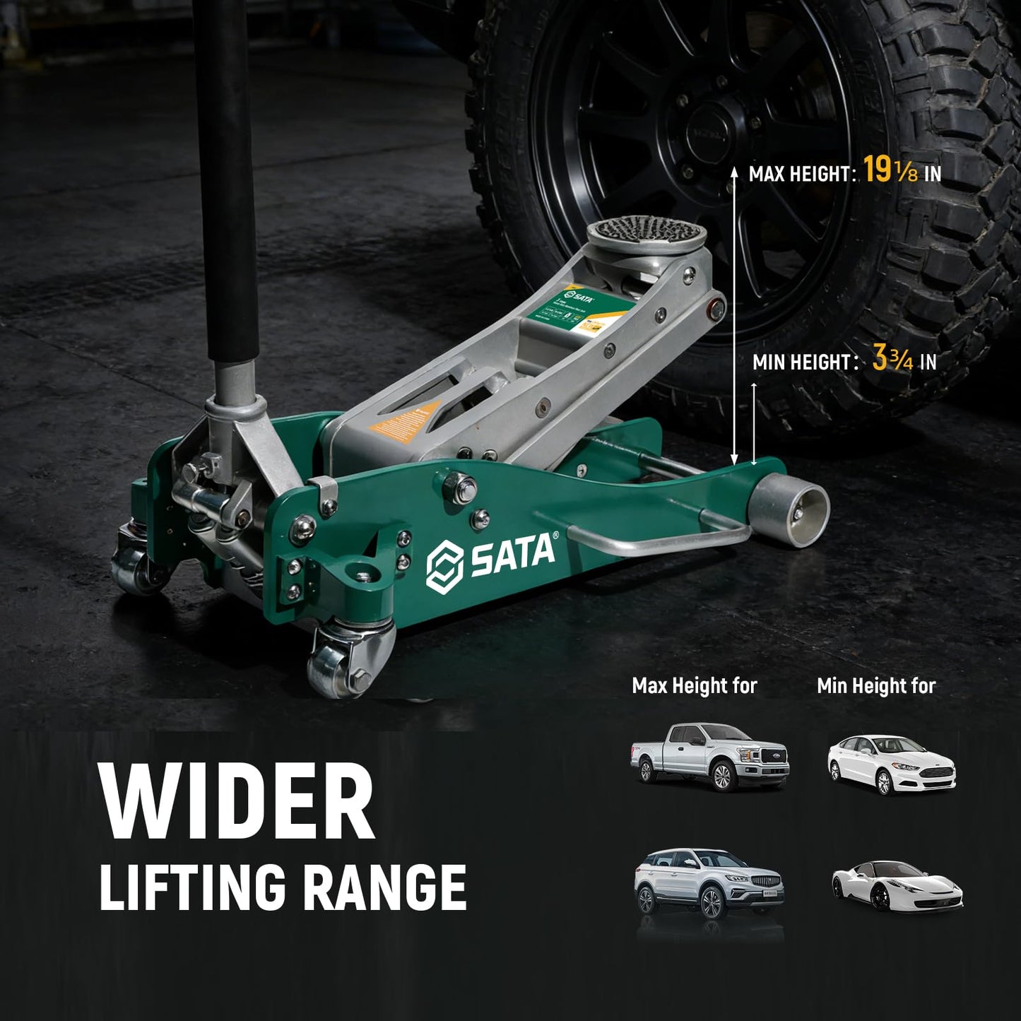 SATA 3-Ton (6,600 lb) Aluminum Floor Jack, Low-Profile Design with Dual-Piston Rapid Lift Pump, Tested for 1.5X Overload for Ultimate Safety, 30% Lighter Than Steel Model