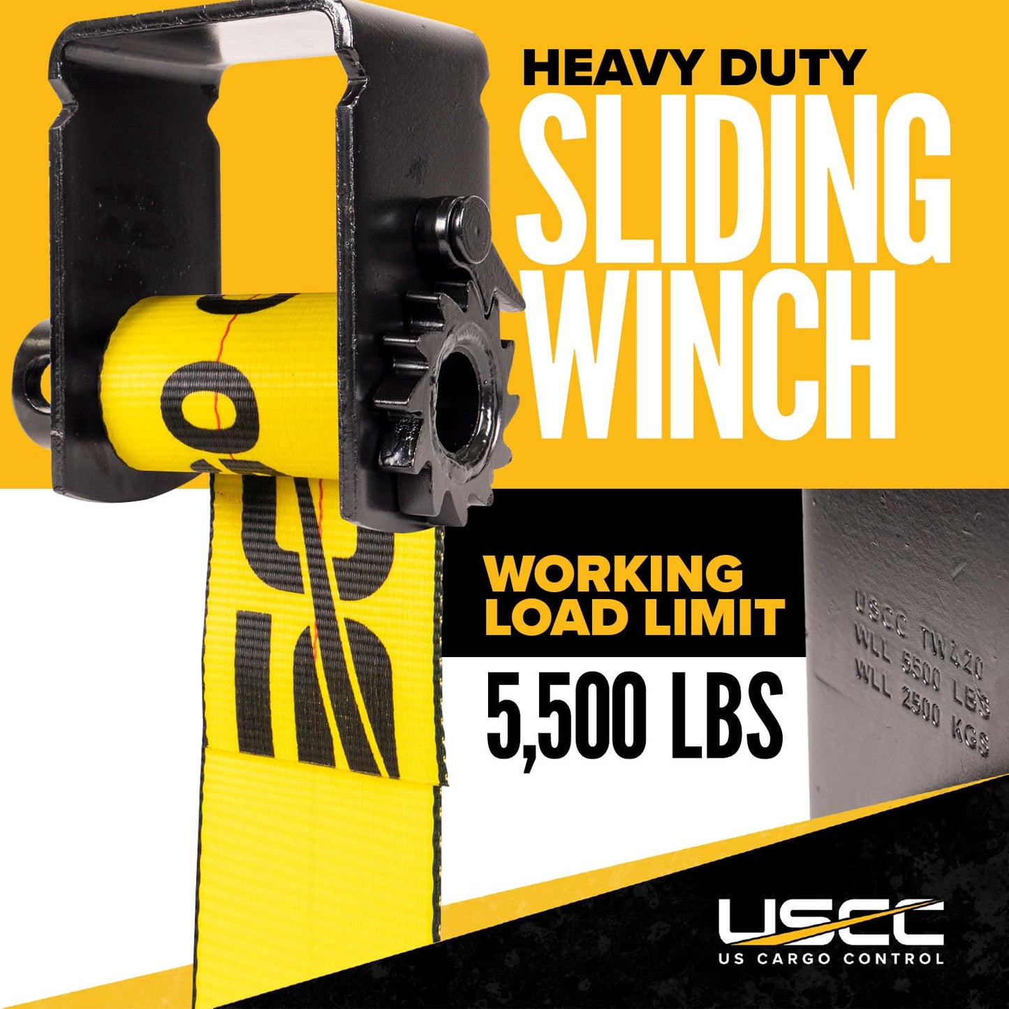 US Cargo Control Storable Sliding Winch for Flatbed Trailer (5-Pack), 4 Inch Holds 50 Feet of Webbing, Tie-Down Fits Sliding C Track, 5,500 LBS Working Load Limit