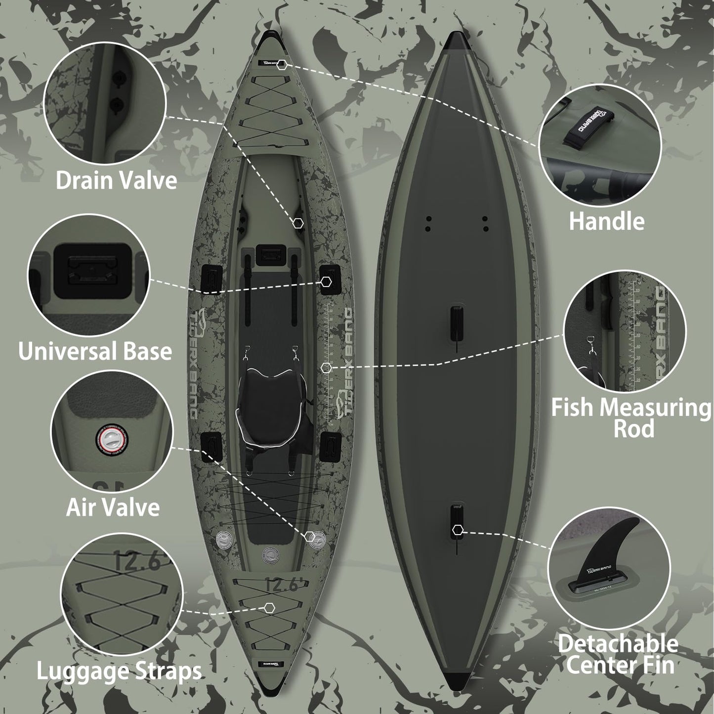 TIGERXBANG Inflatable Kayak with Detachable Seat,12.6'x40''x10.6''SUP-Kayak Set (Hand Pump/Aluminium Paddle/Backpack/and Multi-Functional Base),Adult/Youth Kayak Boat for Fishing ，Touring