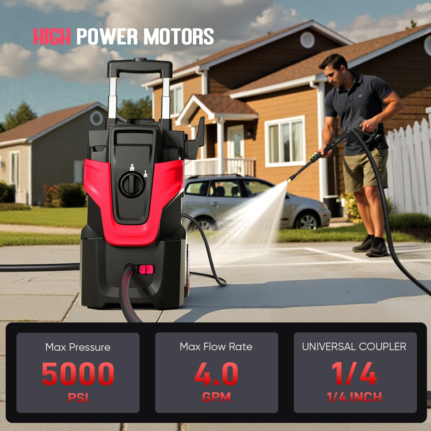 5000PSI Heavy Duty Pressure Washer, 3-Speed Adjustable Power Washer with 2-Stage Pull Rod, 4 Nozzles, Foam Cannon & 500ml Soap Bottle for Car, Home & Outdoor Cleaning,Red