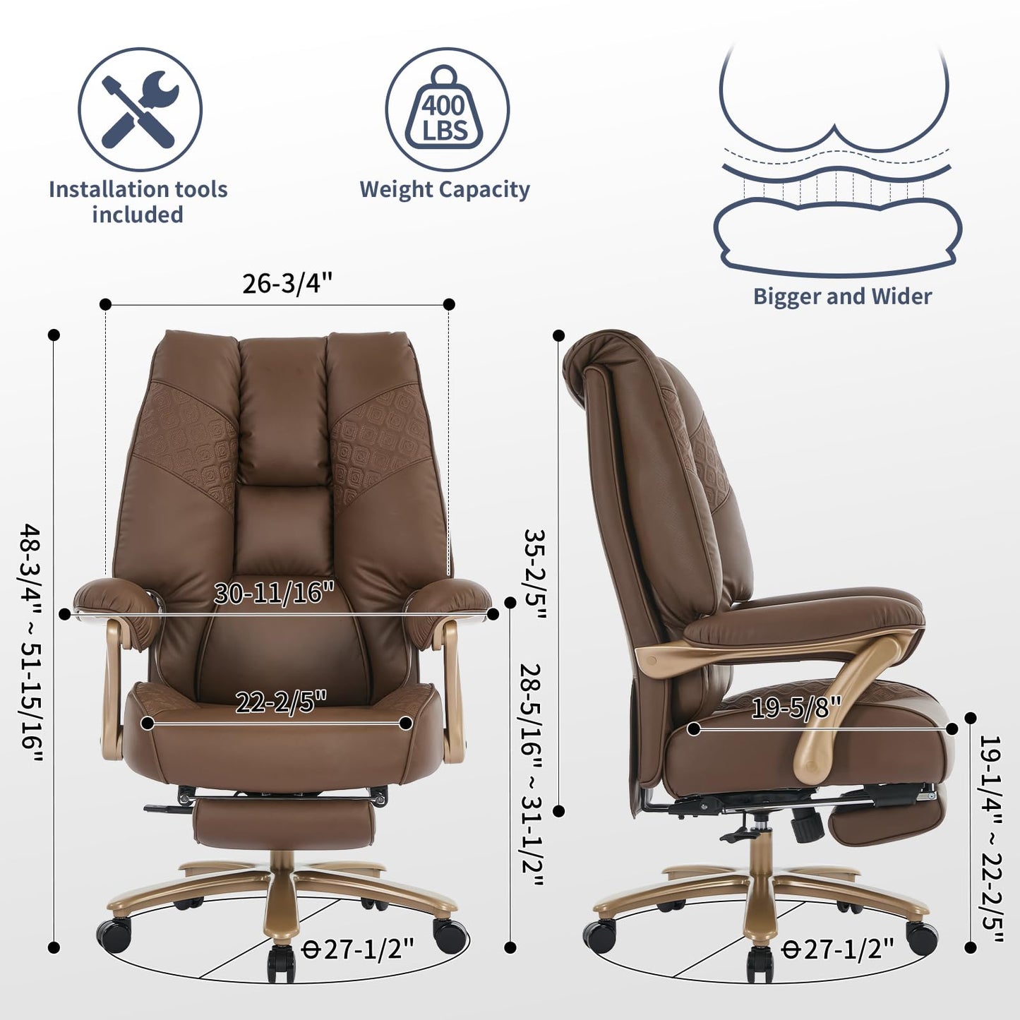 EXCEBET Big and Tall Executive Office Chair with Footrest, 400LBS Capacity Ergonomic High-Back Desk Office Chair with Lumbar Support, Padded Armrests & Thick Cushion, Brown PU Leather Chairs