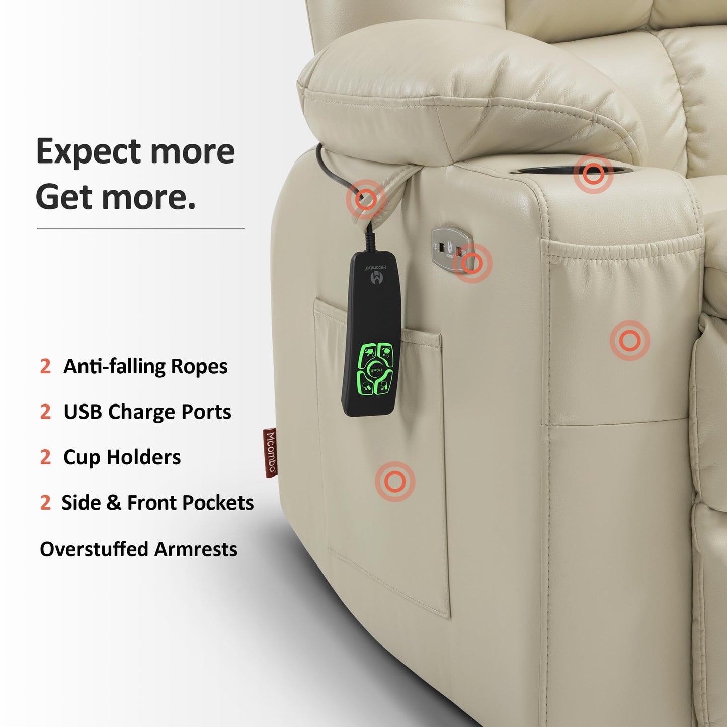 MCombo Dual Motor Power Lift Recliner Chair for Elderly, Lay Flat Lift Chair with Heat and Massage, Cup Holders, USB Ports, Faux Leather 7890 (Cream White, Medium)