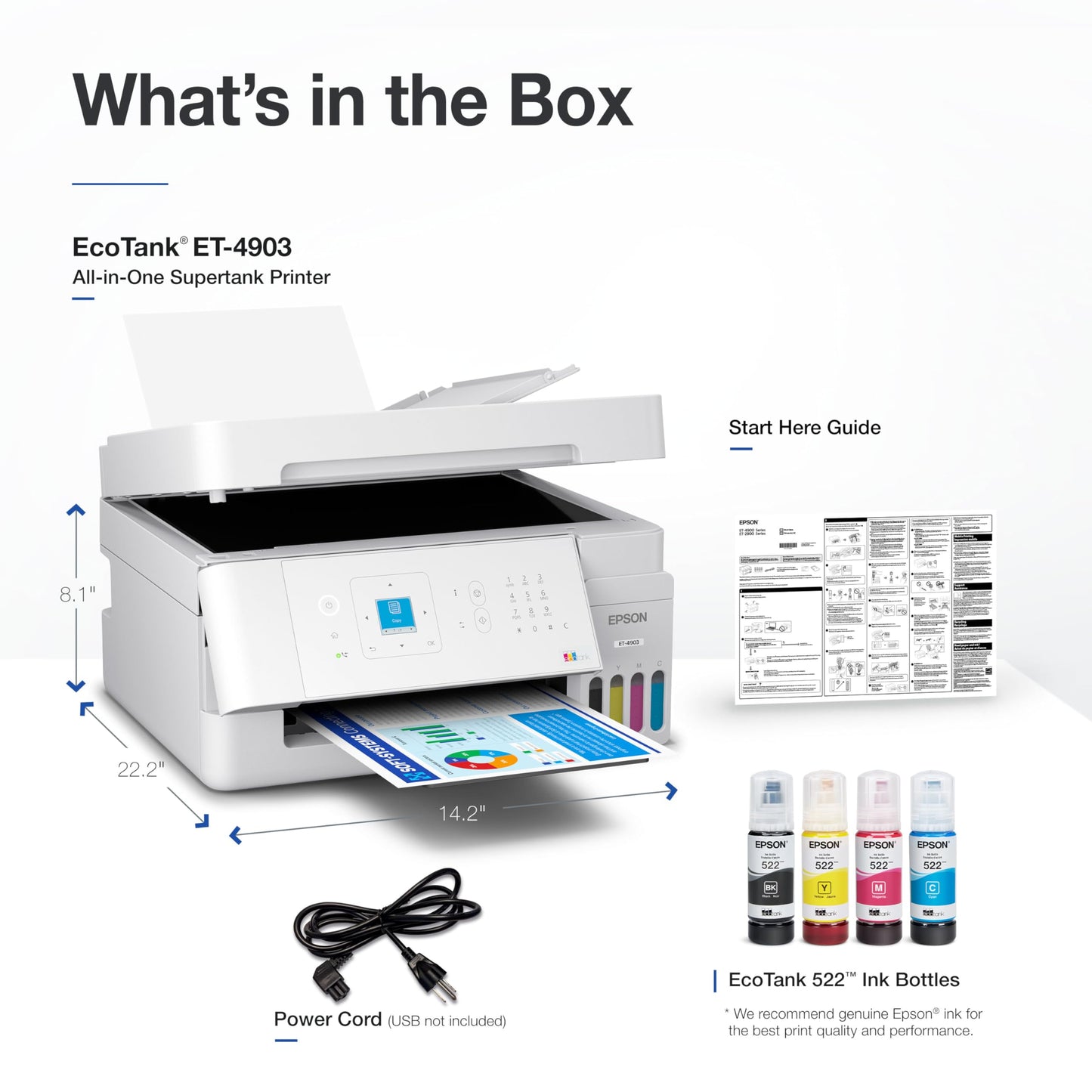 Epson EcoTank ET-4903 Wireless All-in-One Color Supertank Printer with up to 3 Years of Ink, Refillable Tanks, Perfect for Home Office, 11 PPM, 1.44" Color Screen, Built-in Scanner, Fax, ADF – White