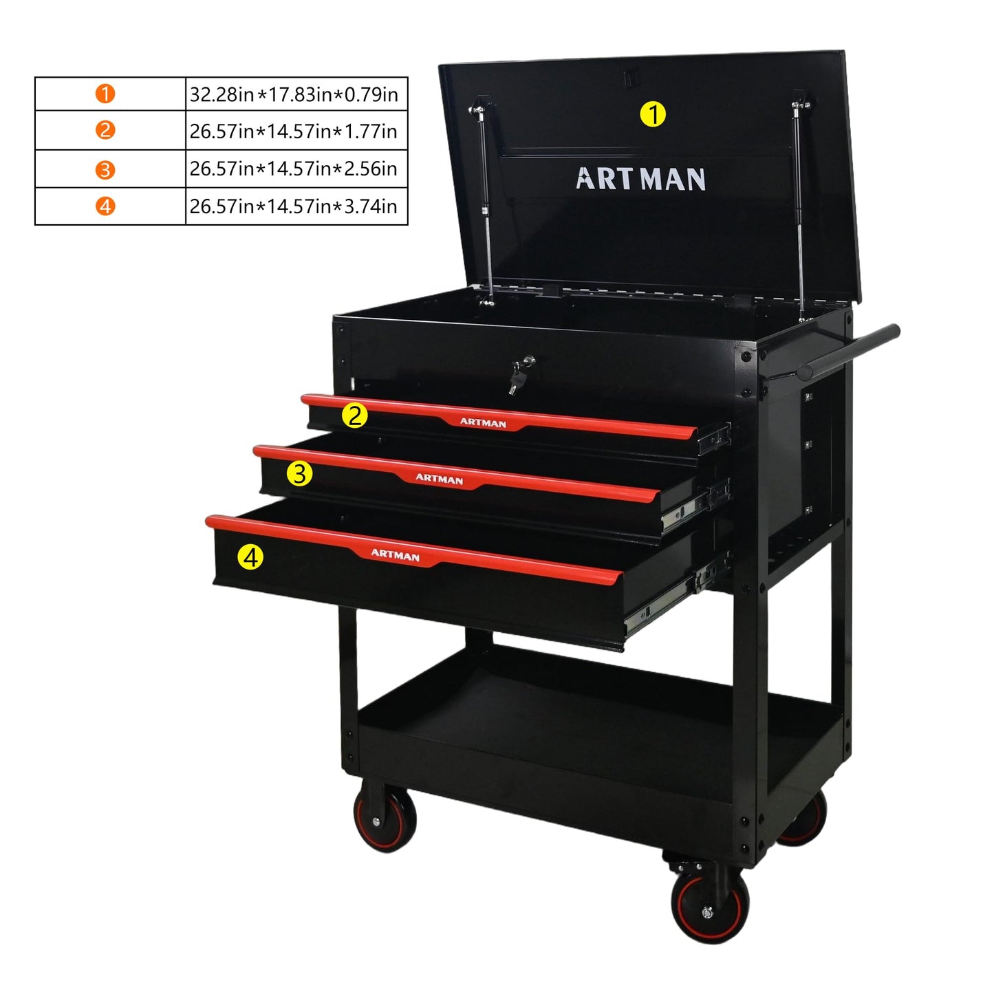 KEIKI 3-Drawer Rolling Tool Cart with Lift-Up Steel Top, Utility Tool Box, Multi-Functional Tool Storage Organizer Cabinet for Garage, Warehouse, Workshop, Repair Shop, Black