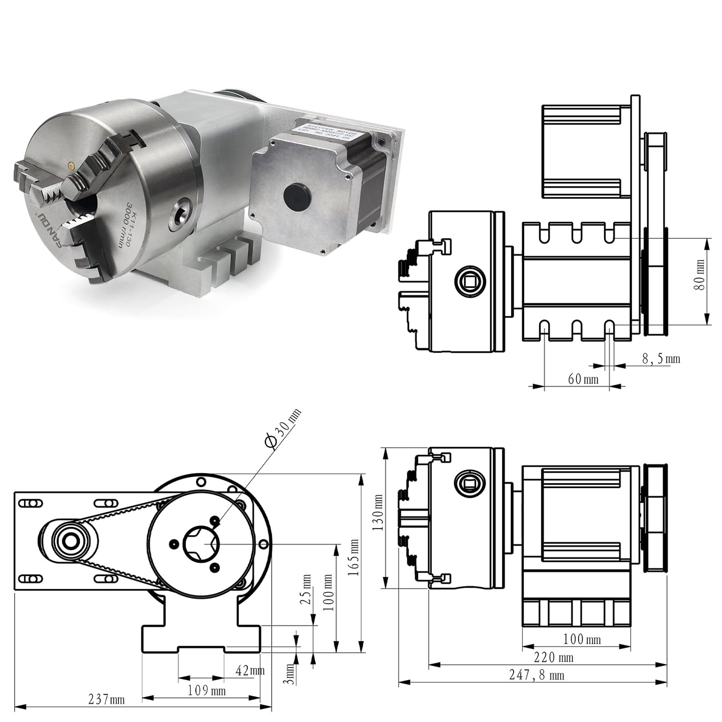 RATTMMOTOR K11-130mm CNC Router Table Rotary Milling Machine Rotational Axis A 4th Axis, 130mm 3 Jaw Chuck Dividing Head Reducing Ratio 4:1, Nema34 Stepper Motor