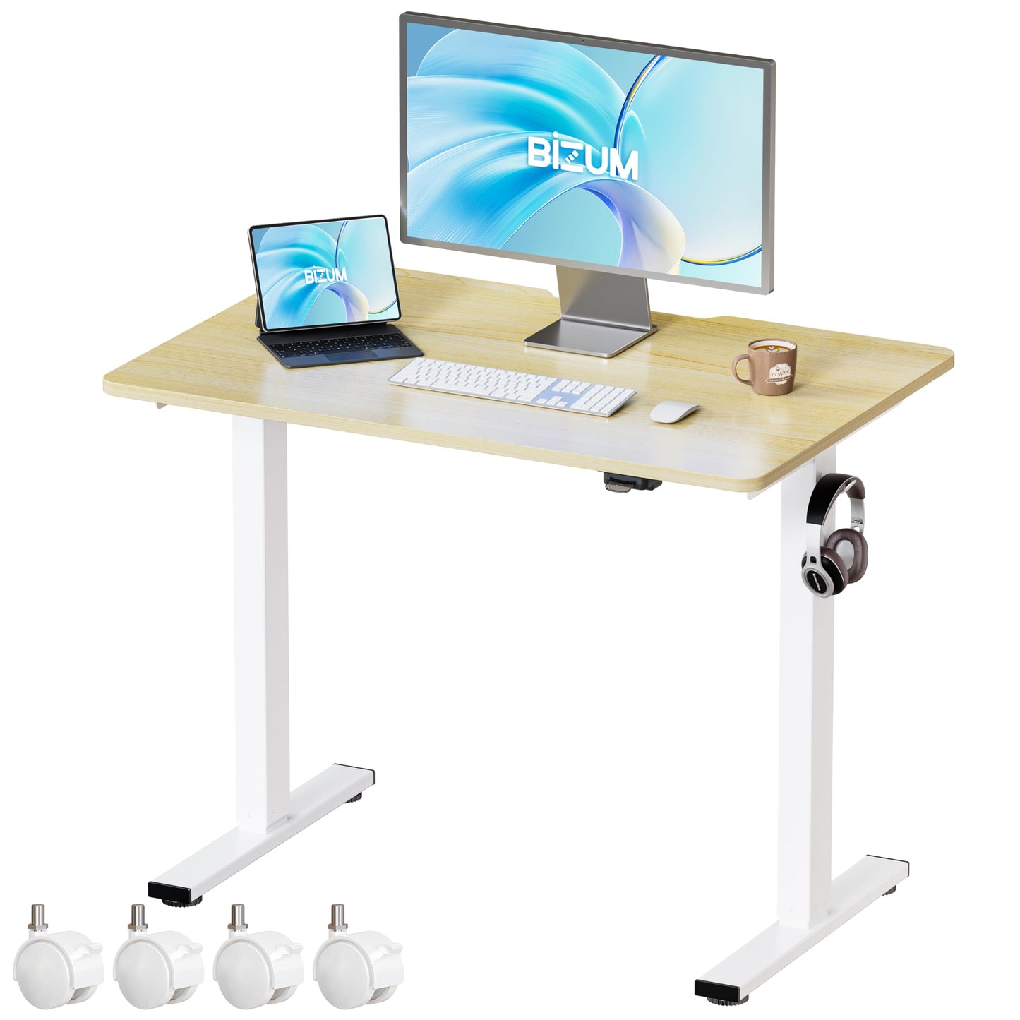 BIZUM 35.4" Small Electric Standing Desk Height Adjustable, Whole Piece Stand Up Computer Desk Work Study Writing Gaming Desks for Home Office Oak