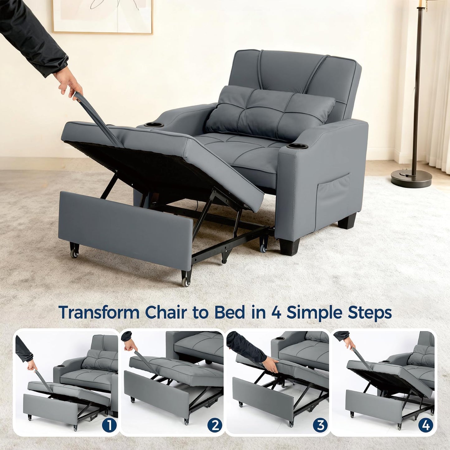 4 in 1 Convertible Sleeper Chair Bed with Vibration Massage Lumbar Pillow, Single Sofa Recliner Featuring USB/Type-C Port, Cup Holders & Side Pocket, Space-Saving Pull Out Bed for Small Spaces, Grey