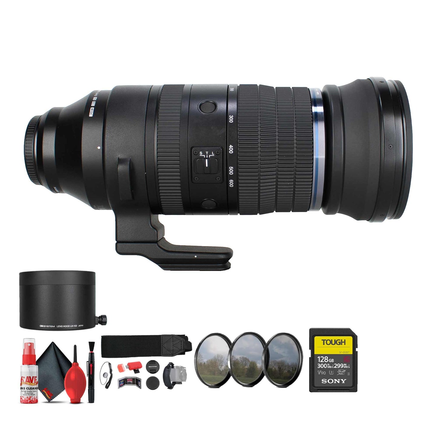 Olympus OM System M.Zuiko Digital ED 150-600mm f/5-6.3 is Lens (MFT) Bundle Including: 128 GB Memory Card, Card Reader, 3-Piece Filter Kit, Cleaning Kit, Hand Strap, Storage Wallet, Cap Keeper