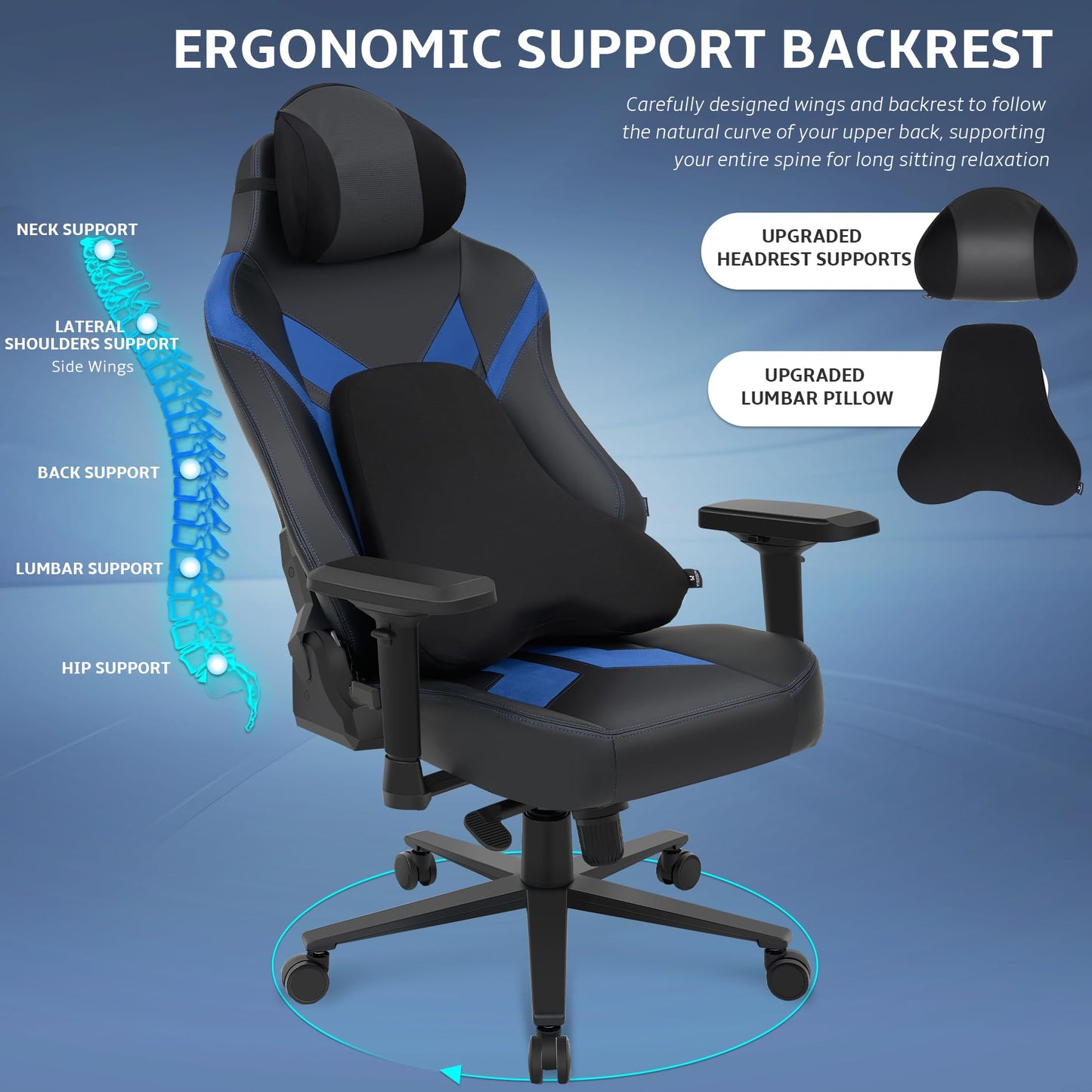 Wyrdforging Ergonomic Gaming Chair, Computer Desk Chairs, 4D Armrests, High Back Office Chair with Headrest & Lumbar Pillow, Tilt Rocker Recliner, Heavy-Duty Base, Black PU Leather & Blue Suede Combo