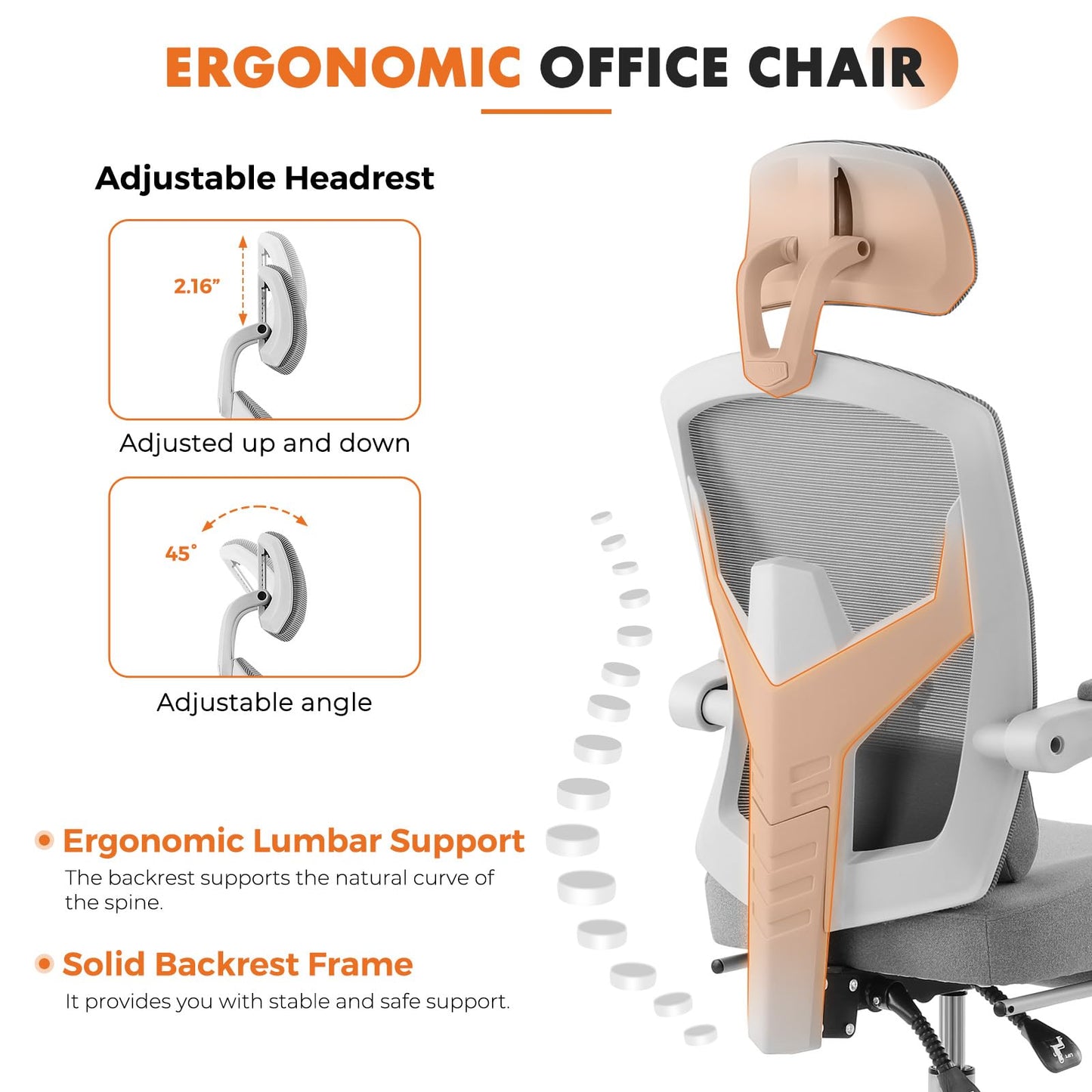 Sweetcrispy Office Computer Desk Chair Set of 2, Ergonomic High-Back Mesh Rolling Work Swivel Chairs with Wheels, Comfortable Lumbar Support, Comfy Arms for Home, Bedroom, Study, Student, Light Grey