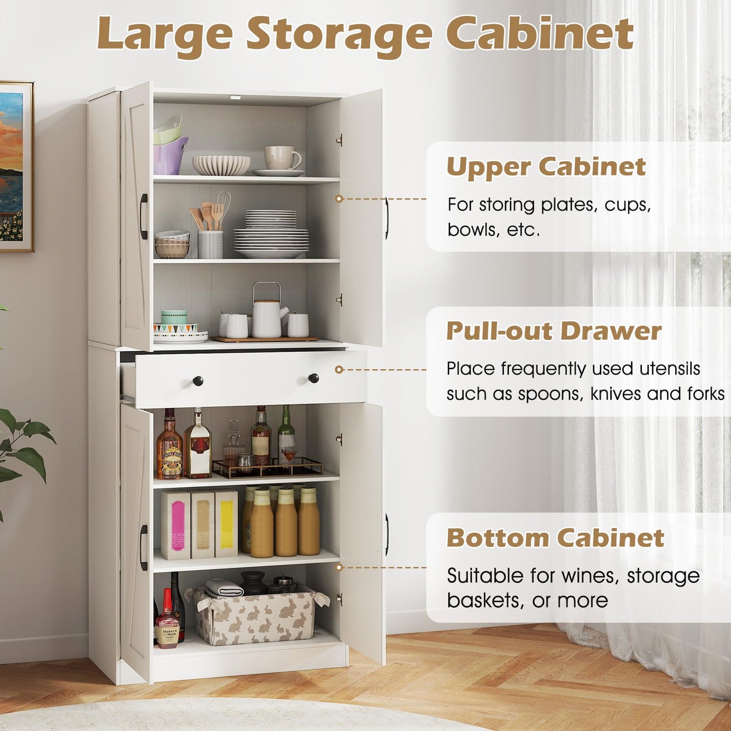 Giantex 72" Tall Kitchen Pantry Cabinet, Modern Farmhouse Pantry Storage Cabinet with 4 Barn Doors, Adjustable Shelves & Drawer, Buffet Cupboard with Living Room, Dining Room, Bathroom, White