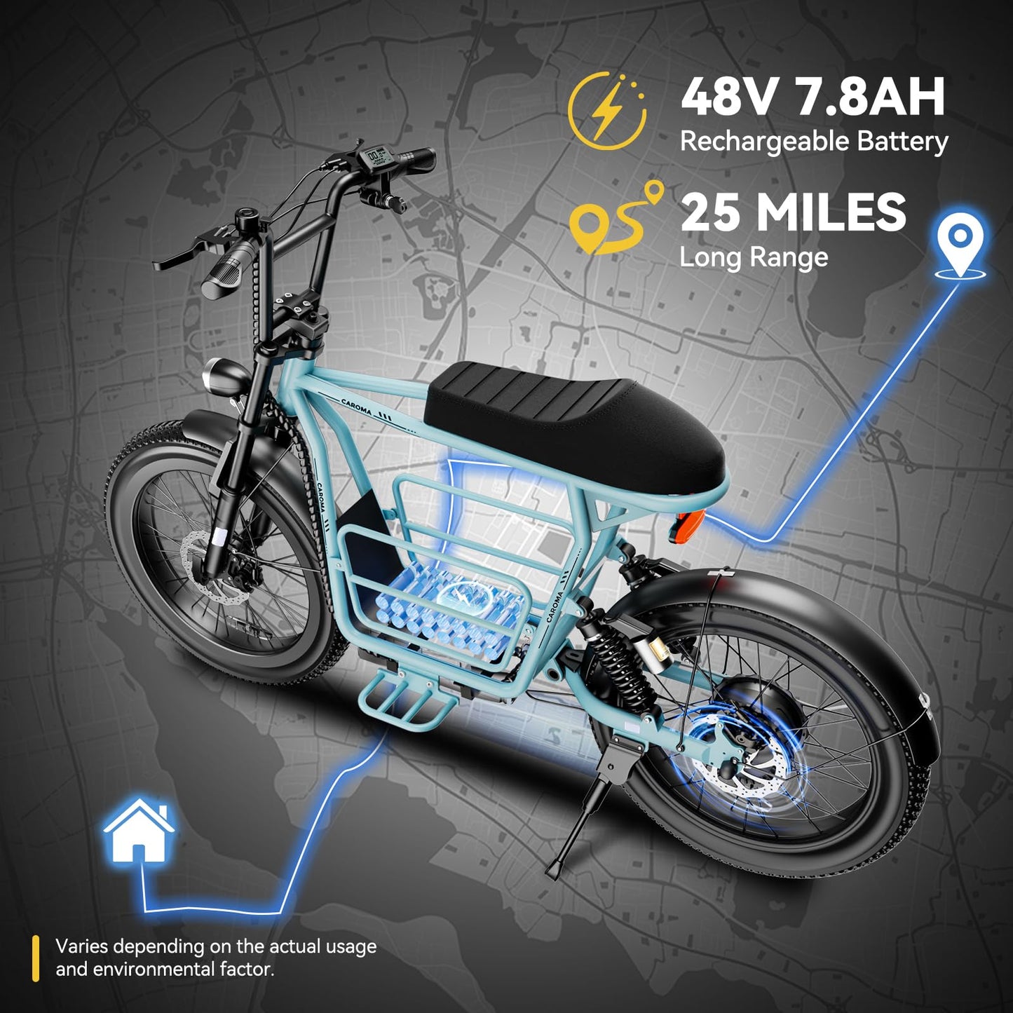 Caroma Electric Scooter for Adults with Seat Peak 1000W, 20" All-Terrain Fat Tire Electric Bike,Dual Shock Absorbing, 25 Miles & 20MPH Top Speed E-Scooter with Basket for Pet&Cargo,Blue