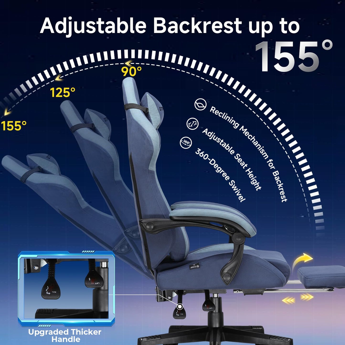 GTPLAYER Gaming Chair, Video Game Chairs with Footrest and Lumbar Support, Computer Chair for Adults with Extended Backrest, Ergonomic Reclining Silla Gamer, Fabric, Dark Blue