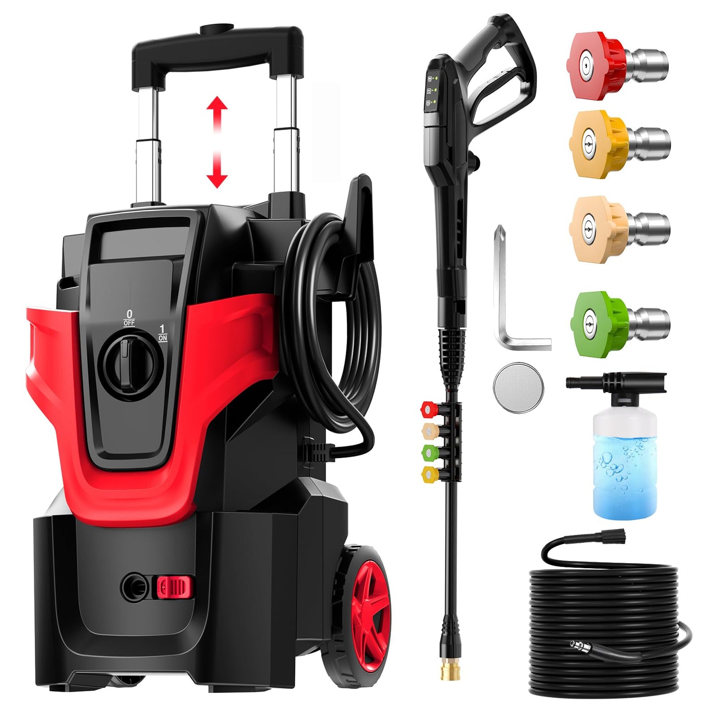 5000PSI Heavy Duty Pressure Washer, 3-Speed Adjustable Power Washer with 2-Stage Pull Rod, 4 Nozzles, Foam Cannon & 500ml Soap Bottle for Car, Home & Outdoor Cleaning,Red