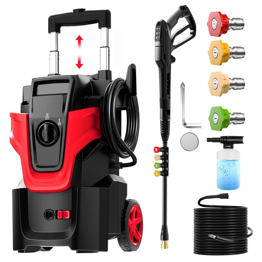 5000PSI Heavy Duty Pressure Washer, 3-Speed Adjustable Power Washer with 2-Stage Pull Rod, 4 Nozzles, Foam Cannon & 500ml Soap Bottle for Car, Home & Outdoor Cleaning,Red